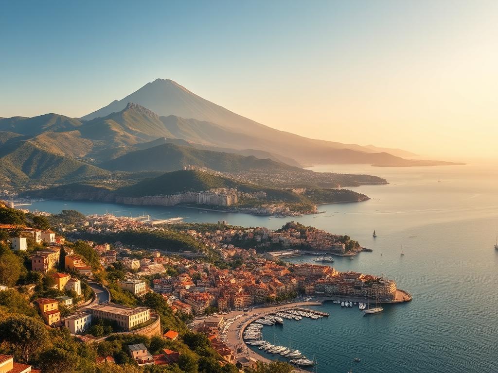 A breathtaking panoramic view of the Gulf of Naples, featuring the stunning Amalfi Coast and the majestic Mount Vesuvius in the distance. The foreground showcases a picturesque seaside town with colorful houses, winding streets, and a bustling harbor filled with sailing boats and fishing vessels. The middle ground reveals lush, rolling hills dotted with olive groves and vineyards, while the background is dominated by the commanding silhouette of the iconic volcano, its slopes draped in a soft, golden hue from the warm Mediterranean sun. The scene is bathed in a warm, inviting light, creating a serene and tranquil atmosphere that perfectly captures the essence of this stunning natural wonder.