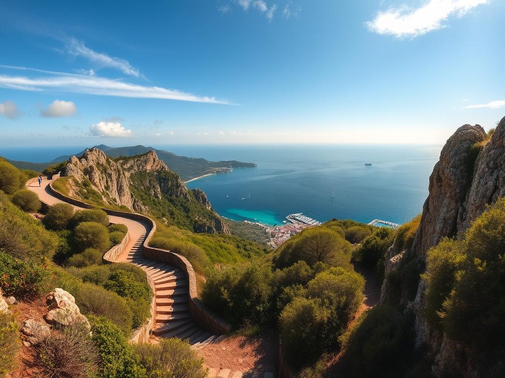 A breathtaking vista overlooking the picturesque Monte Epomeo on the island of Ischia. Rugged, sun-dappled hiking trails wind through lush, verdant foliage, leading the adventurous explorer to a stunning overlook. Dramatic rocky cliffs frame the scene, their textures cast in warm, golden light. In the distance, the azure waters of the Tyrrhenian Sea glisten, dotted with fishing boats and sailcraft. Wispy clouds drift overhead, casting gentle shadows over the landscape. The air is crisp and invigorating, perfect for an exhilarating day of hiking and discovery. This image captures the essence of Ischia's natural beauty and the allure of its outdoor adventures.