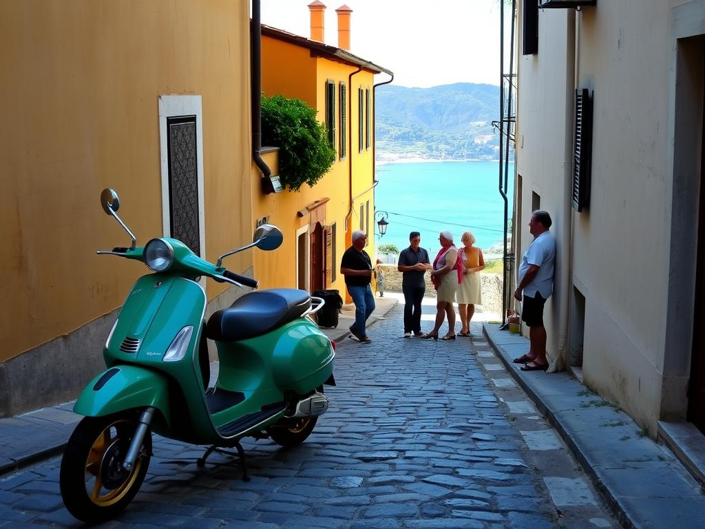 A charming street scene in a quaint Italian village, capturing the essence of local mobility and transport. In the foreground, a vintage Vespa scooter stands parked, its sleek lines and vibrant hue reflecting the island's distinct character. Nearby, a group of residents casually converse, gesturing animatedly as they discuss their daily commutes. The middle ground features a cobblestone path winding through picturesque buildings, their warm, sun-dappled facades hinting at the island's rich history. In the background, a glimpse of the azure Mediterranean Sea and lush, rolling hills create a serene and idyllic backdrop. The overall atmosphere is one of relaxed, unhurried charm, capturing the essence of Ischia's unique local transportation and the insider knowledge that visitors seek.