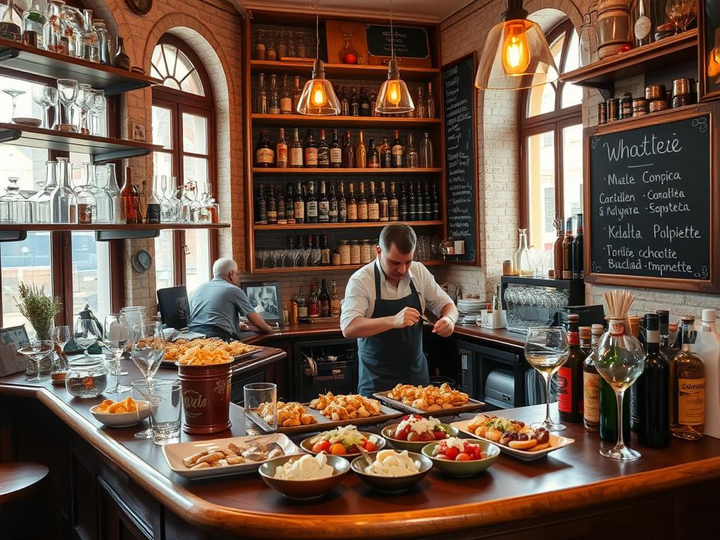 A cozy Venetian cicchetti bar, its shelves brimming with an array of regional delicacies. Rustic wooden countertops and vintage glassware set the tone, as a skilled bartender carefully assembles a selection of bite-sized local specialties. The light filters in through large windows, casting a warm, inviting glow over the scene. In the background, a chalkboard menu highlights the day's offerings, from creamy baccalà mantecato to savory polpette. The atmosphere is one of relaxed indulgence, where the sights, smells, and flavors of Veneto come together in a harmonious celebration of local cuisine.