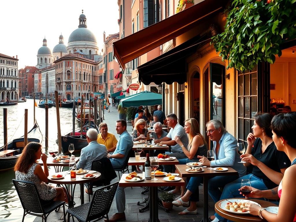 A cozy canal-side scene in Venice, Italy, showcasing the vibrant cicchetti culture. In the foreground, a lively outdoor cafe spills onto the sidewalk, tables laden with small plates of savory bites and glasses of local wine. People converse animatedly, savoring the flavors of the region. The middle ground reveals a charming Venetian streetscape, with colorful buildings and gondolas gliding along the tranquil waters. Warm, golden light bathes the scene, creating a sense of relaxed indulgence. In the background, the iconic domes and spires of Venice's historic architecture rise up, a timeless backdrop to this celebration of Venetian culinary delights.