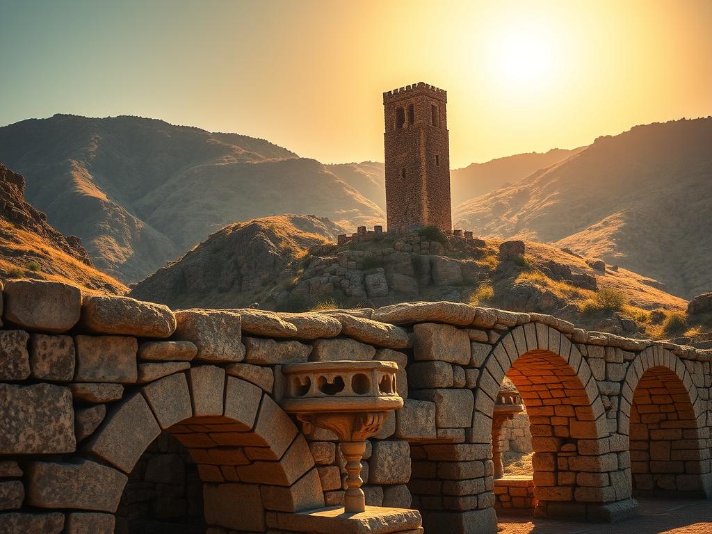 A majestic stone tower rises against a backdrop of rugged, sun-drenched hills, its ancient silhouette standing tall as a testament to the Nuraghen culture of Sardinia. In the foreground, intricately carved stone blocks and weathered arches hint at the intricate architecture and engineering prowess of this captivating civilization. The scene is illuminated by a warm, golden light, casting dramatic shadows and emphasizing the texture of the weathered stone. The overall atmosphere evokes a sense of timeless, mystical wonder, inviting the viewer to explore the rich history and cultural heritage of this enchanting island.