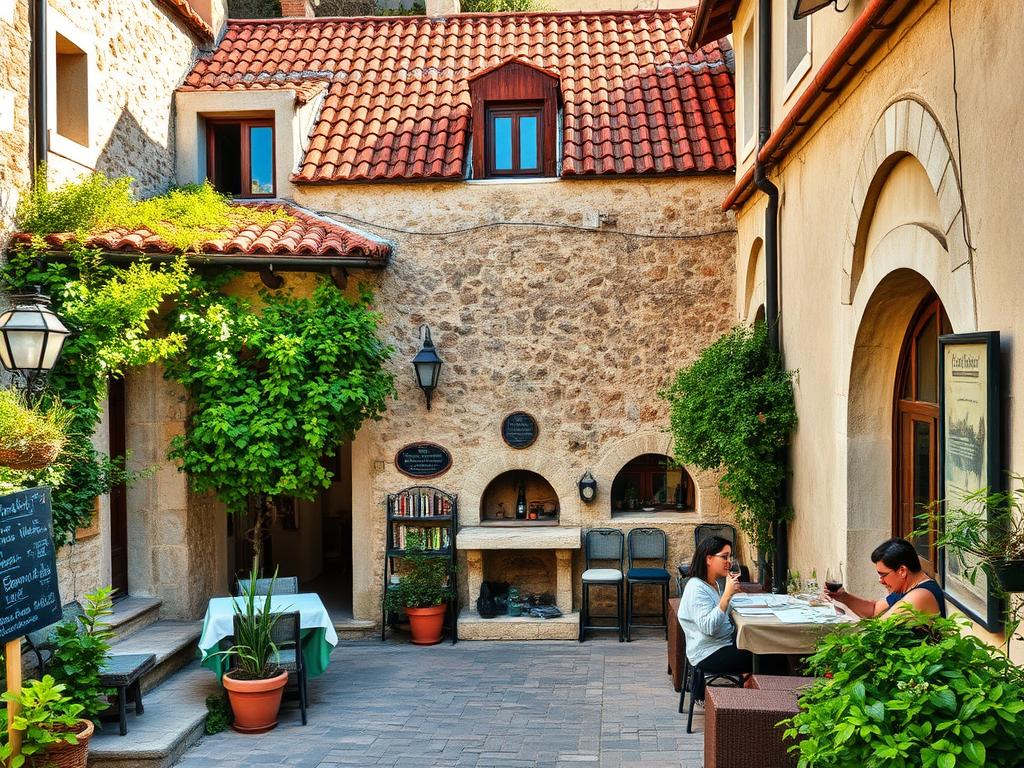 A quaint, rustic hotel nestled in the picturesque town of Ischia, Italy. Weathered stone walls and a charming red-tiled roof create a warm, inviting atmosphere. Lush, verdant gardens surround the property, with a small patio overlooking the cobblestone streets. Cozy, sun-dappled interiors feature traditional Italian furnishings, with a crackling fireplace and exposed wooden beams. Guests sip local wine and savor authentic Ischian cuisine, immersed in the island's tranquil, unhurried pace of life. The soft, golden light of the Mediterranean sun filters through arched windows, casting a serene, timeless ambiance over the entire scene.