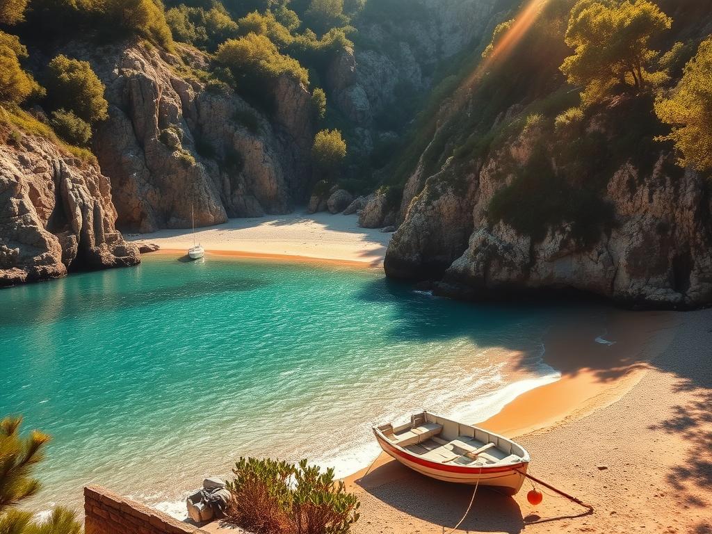 A secluded beach on the picturesque island of Ischia, Italy. A serene cove nestled between rugged cliffs, with crystal-clear turquoise waters lapping at the golden sand. Lush Mediterranean vegetation cascades down the surrounding slopes, casting dappled shadows on the tranquil scene. A lone fishing boat rests on the shore, evoking a timeless, peaceful atmosphere. Warm, golden sunlight filters through the air, creating a soft, hazy glow that envelops the entire landscape. The camera captures this hidden paradise from a low angle, highlighting the dramatic, almost cinematic scale of the setting.