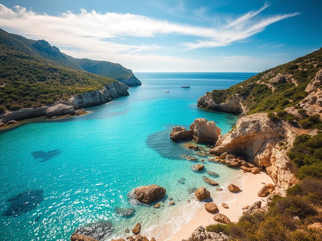 A stunning coastline with pristine white sand beaches and crystal-clear turquoise waters lapping gently against the rocks. Verdant hills and rugged cliffs frame the serene coves, creating a picturesque Mediterranean landscape. Warm sunlight filters through wispy clouds, casting a soft, golden glow over the scene. In the distance, traditional Sardinian fishing boats dot the horizon, adding to the tranquil, unspoiled atmosphere. The tranquil, unhurried pace invites visitors to relax and soak in the natural beauty of this hidden gem along the Costa Smeralda.