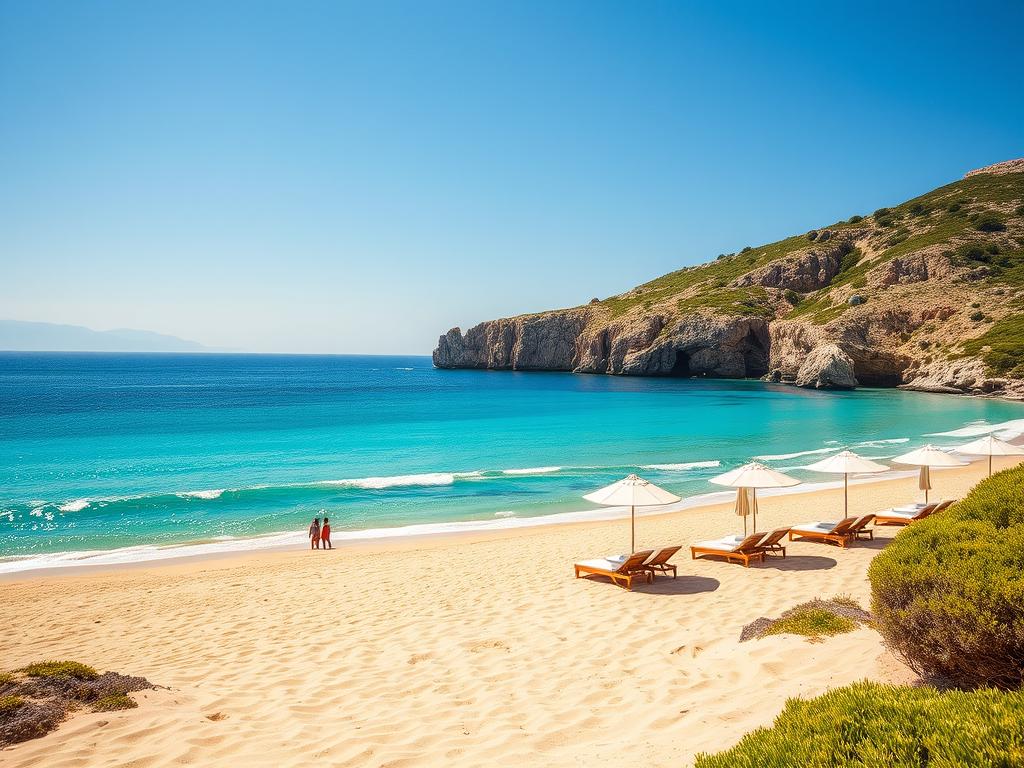 A stunning vista of the pristine beaches of Costa Smeralda, Sardinia. The foreground features soft, golden sand dotted with luxurious sun loungers and parasols, inviting visitors to bask in the Mediterranean sun. In the middle ground, crystal-clear turquoise waters gently lap at the shoreline, reflecting the bright blue sky above. The background showcases the rugged, granite cliffs that characterize this exclusive coastal region, their reddish-pink hues contrasting beautifully with the lush, verdant vegetation. Soft, diffused lighting casts a warm, golden glow over the scene, creating a sense of relaxation and indulgence. The composition is framed to highlight the natural beauty and tranquility of this premier holiday destination.