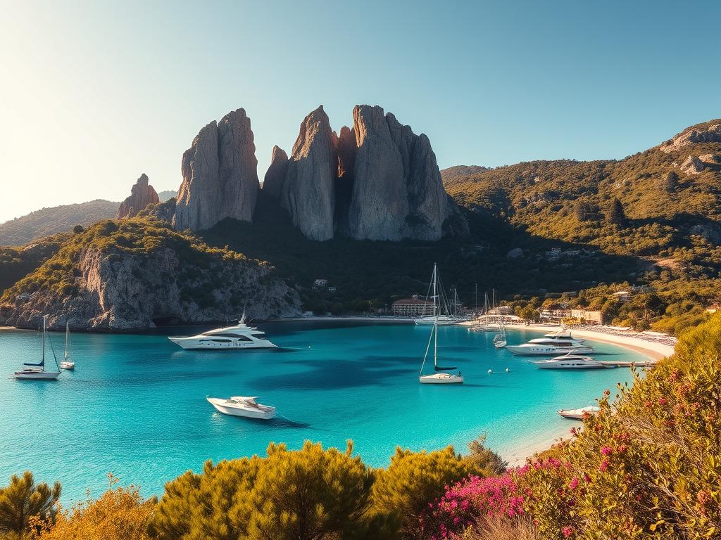 A sun-drenched coastal paradise nestled along the pristine shores of Sardinia's Costa Smeralda. In the foreground, crystalline azure waters lap against the golden sands, dotted with luxurious yachts and sleek sailing vessels. Towering granite cliffs rise majestically in the middle ground, their rugged formations casting dramatic shadows across the landscape. The background is a tapestry of lush Mediterranean vegetation, with verdant pine forests and vibrant wildflowers cascading down the hillsides. Warm, diffused lighting bathes the scene, evoking a sense of tranquility and timeless elegance. This is a harmonious blend of nature's splendor and the refined sophistication that defines the essence of the Costa Smeralda.