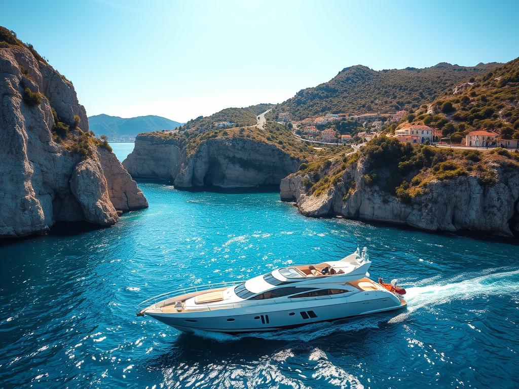 A sun-drenched coastline along the sparkling azure waters of the Costa Smeralda, Sardinia. In the foreground, a private yacht gracefully glides through the gentle waves, its sleek white hull reflecting the golden sunlight. Towering limestone cliffs dotted with lush Mediterranean vegetation rise up on the left, casting dramatic shadows over the cove below. In the distance, a winding road hugs the contours of the coast, leading to charming seaside villages nestled between the rugged hills. The scene exudes an aura of exclusive luxury and natural splendor, inviting the viewer to explore the captivating beauty of this iconic Italian destination.