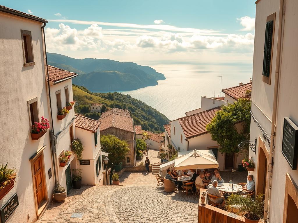 A sun-drenched view of a tranquil Ischia village, nestled amidst rolling hills and lush greenery. In the foreground, a picturesque alleyway winds between charming whitewashed buildings, their facades adorned with colorful window boxes and potted plants. A quaint, cobblestone square comes into focus, where locals gather at a cozy café, sipping espresso and conversing animatedly. The middle ground reveals the island's rugged terrain, with towering cliffs and azure waters of the Tyrrhenian Sea in the distance. Warm, golden light filters through wispy clouds, casting a soft, nostalgic glow over the entire scene, inviting the viewer to step into this serene, off-the-beaten-path oasis and experience the true essence of Ischia.