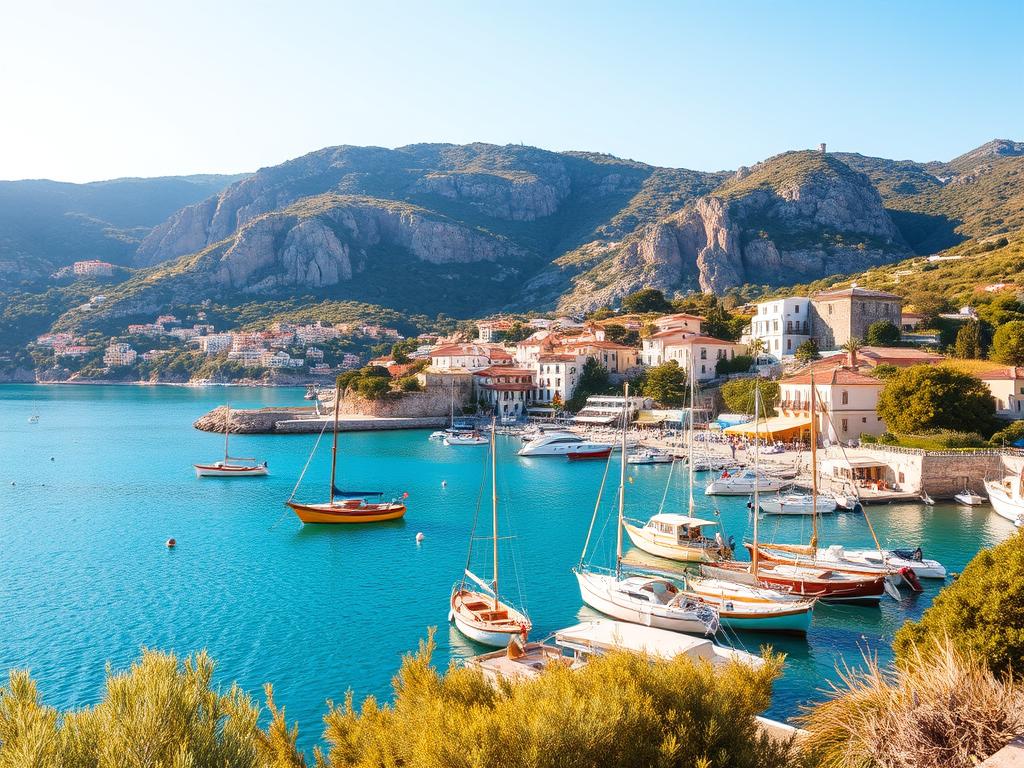 A tranquil seaside landscape on the Costa Smeralda, Sardinia, capturing the essence of practical travel tips. In the foreground, a picturesque harbor with colorful fishing boats gently bobbing in the calm turquoise waters. In the middle ground, a charming coastal village with quaint, whitewashed buildings and lush, verdant gardens. In the background, the rugged, sun-dappled cliffs and lush, rolling hills that characterize this stunning Mediterranean region. The scene is bathed in warm, golden sunlight, creating a serene and inviting atmosphere, perfect for planning a luxurious yet nature-infused vacation.