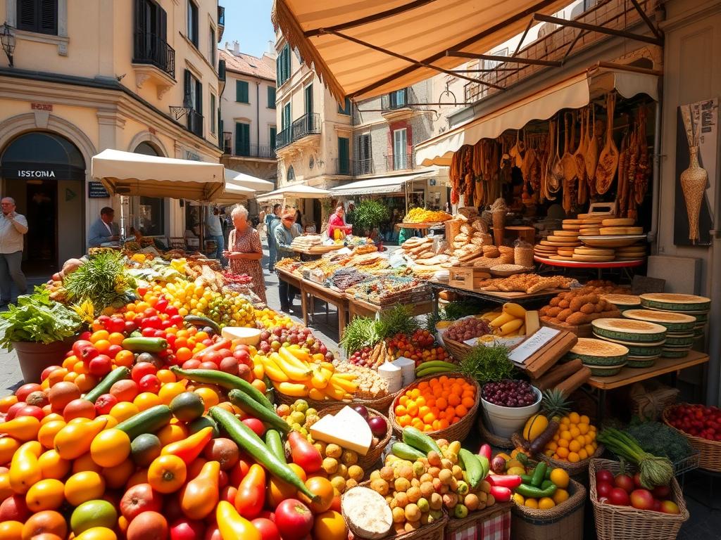 A vibrant open-air marketplace on the sun-dappled piazza of Ischia, overflowing with an abundance of fresh local produce, cheeses, and cured meats. In the foreground, a lively display of colorful seasonal fruits and vegetables, their rich hues and textures inviting closer inspection. In the middle ground, a stall offering an array of artisanal breads, pastries, and savory pies, the enticing aromas wafting through the air. In the background, the historic buildings of the town frame the scene, their weathered facades casting soft shadows over the bustling activity. The overall mood is one of rustic charm and culinary delight, capturing the essence of Ischia's celebrated gastronomic traditions.