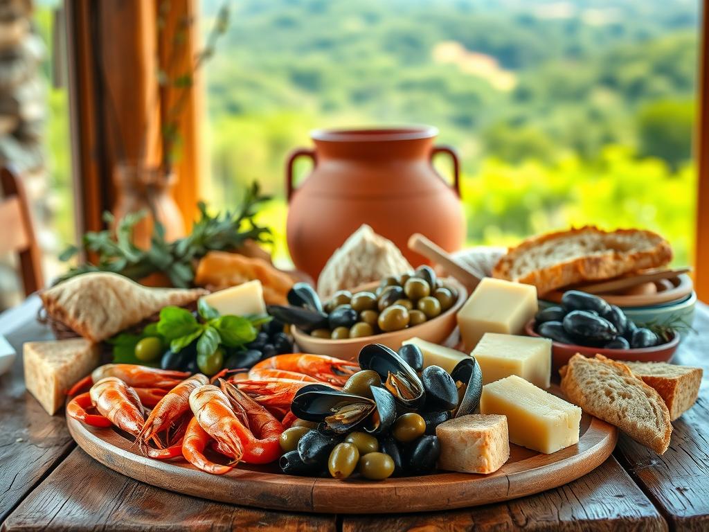 A vibrant still life showcasing the culinary delights of Sardinia. In the foreground, a rustic wooden table displays an array of local delicacies - freshly caught seafood, including juicy prawns and briny mussels, alongside earthy olives, tangy cheeses, and crusty bread. The middle ground features a traditional Sardinian clay pot, its warm terracotta tones complementing the rich hues of the ingredients. In the background, a lush, verdant landscape can be seen through a large window, hinting at the island's natural abundance. The scene is bathed in soft, golden light, creating a cozy, inviting atmosphere that evokes the comfort and conviviality of Sardinian cuisine.