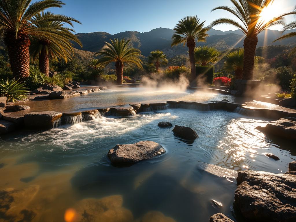 An idyllic thermal spring nestled amidst lush Mediterranean foliage, with sun-dappled water gently cascading over smooth volcanic rocks. Steaming, mineral-rich pools invite visitors to immerse themselves in a serene, rejuvenating sanctuary. Warm, golden light filters through the surrounding palm trees, casting a tranquil, spa-like ambiance. In the background, rolling hills dotted with vibrant wildflowers create a picturesque, off-the-beaten-path setting. Wide-angle lens captures the tranquil, holistic essence of this hidden wellness oasis on the island of Ischia.