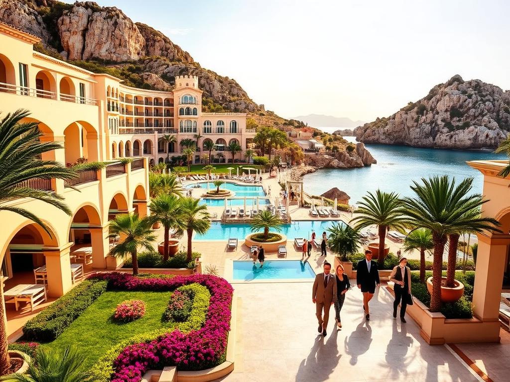 Luxushotel Cala di Volpe, a stunning seaside resort nestled along the picturesque Costa Smeralda in Sardinia. The grand Mediterranean-style architecture rises majestically against a backdrop of crystal-clear turquoise waters and rugged rocky cliffs. Lush, meticulously manicured gardens with vibrant flowers and palm trees frame the elegant outdoor terraces and swimming pools. Warm, golden sunlight filters through the arched entryways, casting a soft, inviting glow over the luxurious accommodations. Well-dressed guests stroll the marble-tiled corridors or lounge on the private beach, exuding an air of refined sophistication. Capture the essence of this exclusive, upscale retreat, a true oasis of luxury and tranquility amidst the natural splendor of Sardinia.