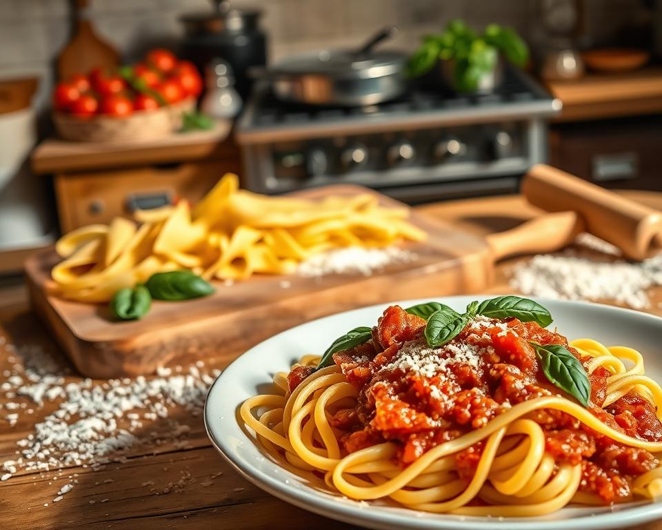 A beautiful, rustic Italian kitchen setting in warm, natural light. In the foreground, a plate of freshly made tagliatelle and pappardelle pasta glistens with a rich, hearty ragù sauce. The pasta is adorned with fresh basil leaves and a sprinkle of grated Parmesan cheese. In the middle ground, a wooden cutting board displays assorted dried pasta shapes, with scattered flour and a rolling pin nearby, hinting at the pasta-making process. The background features an antique stove with pots simmering, showcasing vibrant tomatoes and herbs. The atmosphere is inviting and homely, evoking the essence of authentic Italian cooking. The scene is captured with a soft focus lens from a slightly elevated angle, emphasizing the textures and colors of the ingredients. A beautiful, rustic Italian kitchen setting in warm, natural light. In the foreground, a plate of freshly made tagliatelle and pappardelle pasta glistens with a rich, hearty ragù sauce. The pasta is adorned with fresh basil leaves and a sprinkle of grated Parmesan cheese. In the middle ground, a wooden cutting board displays assorted dried pasta shapes, with scattered flour and a rolling pin nearby, hinting at the pasta-making process. The background features an antique stove with pots simmering, showcasing vibrant tomatoes and herbs. The atmosphere is inviting and homely, evoking the essence of authentic Italian cooking. The scene is captured with a soft focus lens from a slightly elevated angle, emphasizing the textures and colors of the ingredients.