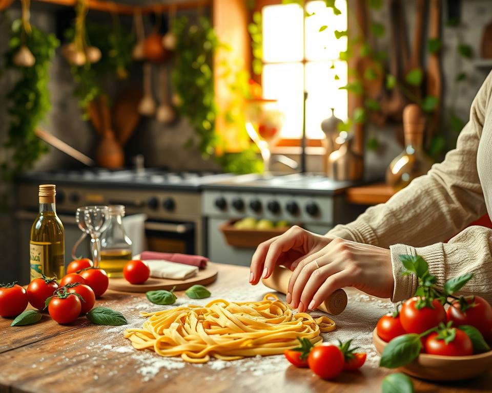 A beautifully arranged Italian kitchen scene showcasing rustic culinary delights. In the foreground, a wooden table displays freshly made pasta, vibrant tomatoes, aromatic basil, and a bottle of olive oil. A pair of elegant, modestly dressed hands expertly rolls the dough, capturing the essence of Italian home cooking. In the middle ground, a traditional stove with hanging garlic and herbs adds a warm, inviting touch, while kitchen utensils hint at the art of cooking. The background features a sunlit window with green vines climbing outside, bathing the scene in golden warm light. The overall atmosphere is cozy and inviting, evoking the joy of culinary exploration in Italy. Capture this moment with a soft focus lens to enhance the warm, homey mood. A beautifully arranged Italian kitchen scene showcasing rustic culinary delights. In the foreground, a wooden table displays freshly made pasta, vibrant tomatoes, aromatic basil, and a bottle of olive oil. A pair of elegant, modestly dressed hands expertly rolls the dough, capturing the essence of Italian home cooking. In the middle ground, a traditional stove with hanging garlic and herbs adds a warm, inviting touch, while kitchen utensils hint at the art of cooking. The background features a sunlit window with green vines climbing outside, bathing the scene in golden warm light. The overall atmosphere is cozy and inviting, evoking the joy of culinary exploration in Italy. Capture this moment with a soft focus lens to enhance the warm, homey mood.
