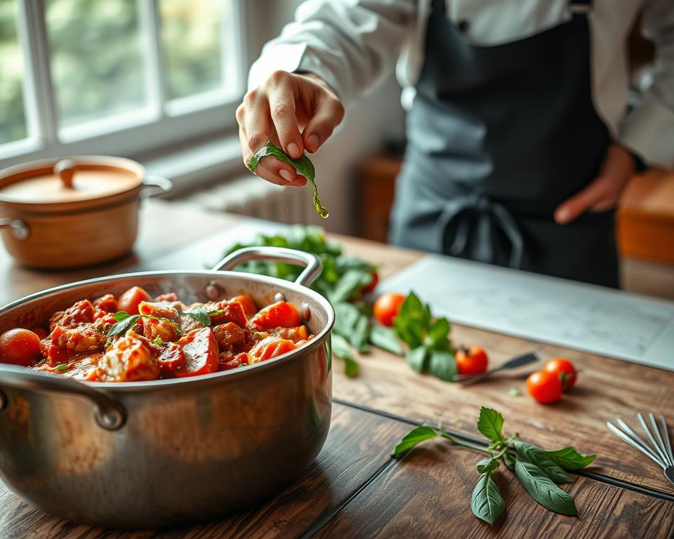 A beautifully arranged Italian ragout on a rustic wooden table, focusing on the final touches before serving. In the foreground, a large pot of simmering ragout, vibrant in color with rich red tomatoes, tender chunks of meat, and fresh herbs. A chef expertly adds a sprinkle of fresh basil and a splash of extra virgin olive oil, clad in a crisp white chef's coat and a black apron, showing attention to detail. In the middle ground, a selection of fresh vegetables and spices lies artfully scattered, hinting at the preparation process. In the background, soft, natural light filters through a nearby window, creating a warm and inviting atmosphere. The angle captures the chef's concentration and the deliciousness of the ragout, evoking a sense of culinary mastery and passion for Italian cuisine. A beautifully arranged Italian ragout on a rustic wooden table, focusing on the final touches before serving. In the foreground, a large pot of simmering ragout, vibrant in color with rich red tomatoes, tender chunks of meat, and fresh herbs. A chef expertly adds a sprinkle of fresh basil and a splash of extra virgin olive oil, clad in a crisp white chef's coat and a black apron, showing attention to detail. In the middle ground, a selection of fresh vegetables and spices lies artfully scattered, hinting at the preparation process. In the background, soft, natural light filters through a nearby window, creating a warm and inviting atmosphere. The angle captures the chef's concentration and the deliciousness of the ragout, evoking a sense of culinary mastery and passion for Italian cuisine.