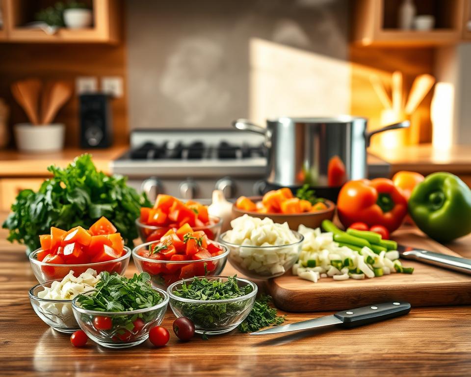 A beautifully arranged mise en place for Italian ragout preparation, featuring a polished wooden countertop. In the foreground, vibrant fresh ingredients including diced tomatoes, minced garlic, aromatic herbs like basil and oregano, diced onions, and sliced bell peppers are neatly organized in small bowls. A wooden cutting board with a sharp chef's knife lies nearby. In the middle ground, a large pot simmers on a modern stovetop, with steam rising gently, hinting at the cooking process. The background showcases a warm kitchen atmosphere with soft, natural lighting filtering through a window, illuminating the scene. The overall mood is calm and inviting, emphasizing the art of stress-free cooking, suitable for a culinary enthusiast. A beautifully arranged mise en place for Italian ragout preparation, featuring a polished wooden countertop. In the foreground, vibrant fresh ingredients including diced tomatoes, minced garlic, aromatic herbs like basil and oregano, diced onions, and sliced bell peppers are neatly organized in small bowls. A wooden cutting board with a sharp chef's knife lies nearby. In the middle ground, a large pot simmers on a modern stovetop, with steam rising gently, hinting at the cooking process. The background showcases a warm kitchen atmosphere with soft, natural lighting filtering through a window, illuminating the scene. The overall mood is calm and inviting, emphasizing the art of stress-free cooking, suitable for a culinary enthusiast.