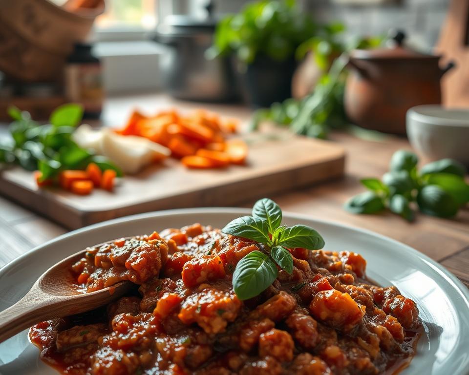 A beautifully arranged plate of Italian ragout, showcasing rich and savory textures. In the foreground, the ragout is garnished with fresh basil, creating a vibrant contrast against the deep, earthy tones of the sauce. Next to the plate, a wooden spoon rests, coated with the delicious sauce. In the middle ground, rustic wooden table elements, such as a cutting board with chopped vegetables like carrots and onions, hint at the preparation process. Soft, natural light filters in from a nearby window, casting gentle shadows and enhancing the warm, inviting atmosphere. The background features a blurred kitchen setting with pots and herbs, evoking a traditional Italian cooking environment, inviting viewers to immerse themselves in the culinary experience. A beautifully arranged plate of Italian ragout, showcasing rich and savory textures. In the foreground, the ragout is garnished with fresh basil, creating a vibrant contrast against the deep, earthy tones of the sauce. Next to the plate, a wooden spoon rests, coated with the delicious sauce. In the middle ground, rustic wooden table elements, such as a cutting board with chopped vegetables like carrots and onions, hint at the preparation process. Soft, natural light filters in from a nearby window, casting gentle shadows and enhancing the warm, inviting atmosphere. The background features a blurred kitchen setting with pots and herbs, evoking a traditional Italian cooking environment, inviting viewers to immerse themselves in the culinary experience.