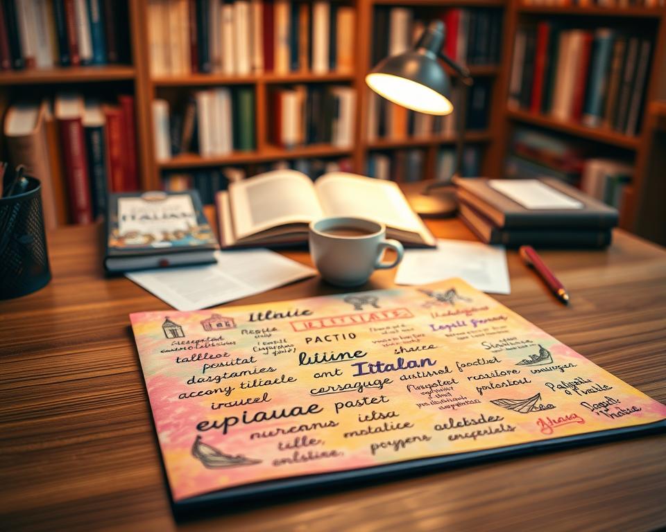 A beautifully arranged study desk featuring a colorful, neatly organized study cheat sheet displaying Italian idiomatic expressions. In the foreground, a wooden desk is adorned with a vibrant, rich textured paper on which various Italian phrases are handwritten in elegant calligraphy. A small, open notebook with doodles of related cultural symbols like gondolas and pasta adds character. In the middle, a cozy reading lamp casts a warm glow, illuminating a few scattered language books and a steaming cup of coffee. In the background, a soft-focus bookshelf filled with Italian literature and travel guides suggests a warm, inviting atmosphere, embodying the joy of language learning. The overall mood is inspiring and educational, encouraging exploration of Italian language and culture. A beautifully arranged study desk featuring a colorful, neatly organized study cheat sheet displaying Italian idiomatic expressions. In the foreground, a wooden desk is adorned with a vibrant, rich textured paper on which various Italian phrases are handwritten in elegant calligraphy. A small, open notebook with doodles of related cultural symbols like gondolas and pasta adds character. In the middle, a cozy reading lamp casts a warm glow, illuminating a few scattered language books and a steaming cup of coffee. In the background, a soft-focus bookshelf filled with Italian literature and travel guides suggests a warm, inviting atmosphere, embodying the joy of language learning. The overall mood is inspiring and educational, encouraging exploration of Italian language and culture.