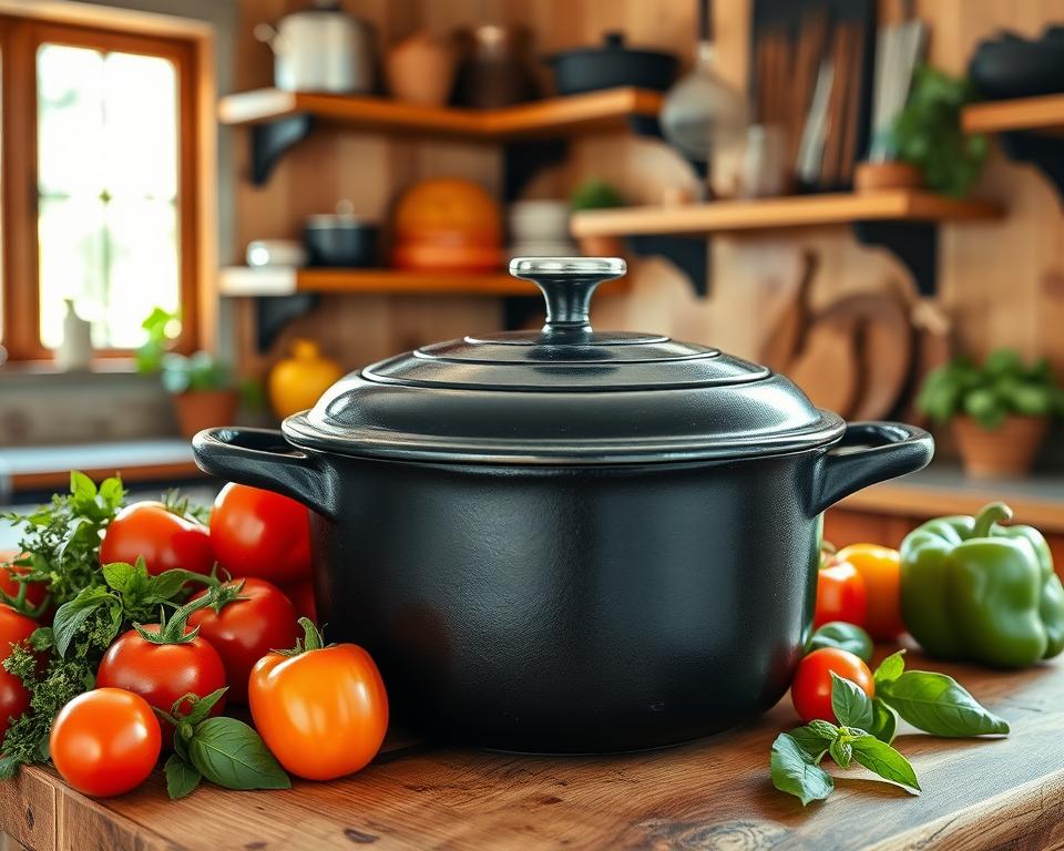 A beautifully cast iron Dutch oven, known as "Schmortopf Gusseisen," rests on a rustic wooden kitchen countertop. The pot is an elegant deep black with a shiny enamel finish, showcasing its robust and sturdy design, perfect for simmering Italian ragout. Surrounding the pot are fresh ingredients: ripe tomatoes, fragrant herbs like basil and oregano, and vibrant bell peppers, arranged artfully to suggest preparation. The background features warm wooden shelves adorned with traditional Italian cookware and utensils. Soft, natural light streams in from a nearby window, casting gentle shadows and highlighting the textures of the food. The overall mood is inviting and homey, evoking the comforting essence of Italian cooking. Capture this scene from a slightly elevated angle to emphasize the pot and ingredients, focusing on the rich colors and details. A beautifully cast iron Dutch oven, known as "Schmortopf Gusseisen," rests on a rustic wooden kitchen countertop. The pot is an elegant deep black with a shiny enamel finish, showcasing its robust and sturdy design, perfect for simmering Italian ragout. Surrounding the pot are fresh ingredients: ripe tomatoes, fragrant herbs like basil and oregano, and vibrant bell peppers, arranged artfully to suggest preparation. The background features warm wooden shelves adorned with traditional Italian cookware and utensils. Soft, natural light streams in from a nearby window, casting gentle shadows and highlighting the textures of the food. The overall mood is inviting and homey, evoking the comforting essence of Italian cooking. Capture this scene from a slightly elevated angle to emphasize the pot and ingredients, focusing on the rich colors and details.