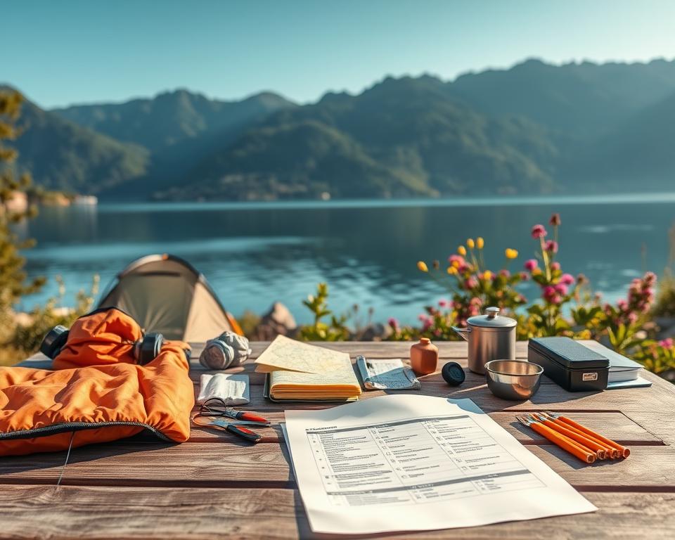 A beautifully organized camping checklist spread out on a picnic table by the serene shores of Lake Garda. In the foreground, various camping essentials including a tent, a sleeping bag, cooking utensils, and a map are neatly arranged. The middle layer features a picturesque view of the calm lake surrounded by lush green mountains under a clear blue sky. Soft sunlight casts gentle reflections on the water, creating a warm and inviting atmosphere. In the background, vibrant wildflowers and gentle foliage enhance the natural setting. The image is captured in a warm color palette, conveying a sense of adventure and tranquility, with a slight depth of field to emphasize the checklist in the foreground. Ideal for inspiring readers about camping at Lake Garda.