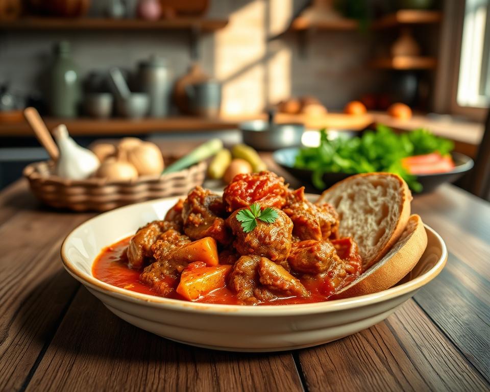 A beautifully plated dish of Italian Ragout Schmoren, showcasing tender chunks of meat simmered in a rich, aromatic tomato sauce with herbs like rosemary and bay leaves. The foreground features a rustic wooden table, with the dish in an elegant ceramic bowl, garnished with fresh parsley. In the middle, slices of crusty Italian bread are artfully arranged alongside, ready for dipping. The background reveals a softly lit kitchen, with hints of cooking ingredients like onions, garlic, and fresh vegetables hinting at the preparation process. Warm, natural lighting floods the scene, casting gentle shadows that enhance the inviting atmosphere. Capture this moment with a shallow depth of field to emphasize the dish itself, creating a cozy, homely feel that invites viewers to indulge in the art of slow cooking. A beautifully plated dish of Italian Ragout Schmoren, showcasing tender chunks of meat simmered in a rich, aromatic tomato sauce with herbs like rosemary and bay leaves. The foreground features a rustic wooden table, with the dish in an elegant ceramic bowl, garnished with fresh parsley. In the middle, slices of crusty Italian bread are artfully arranged alongside, ready for dipping. The background reveals a softly lit kitchen, with hints of cooking ingredients like onions, garlic, and fresh vegetables hinting at the preparation process. Warm, natural lighting floods the scene, casting gentle shadows that enhance the inviting atmosphere. Capture this moment with a shallow depth of field to emphasize the dish itself, creating a cozy, homely feel that invites viewers to indulge in the art of slow cooking.