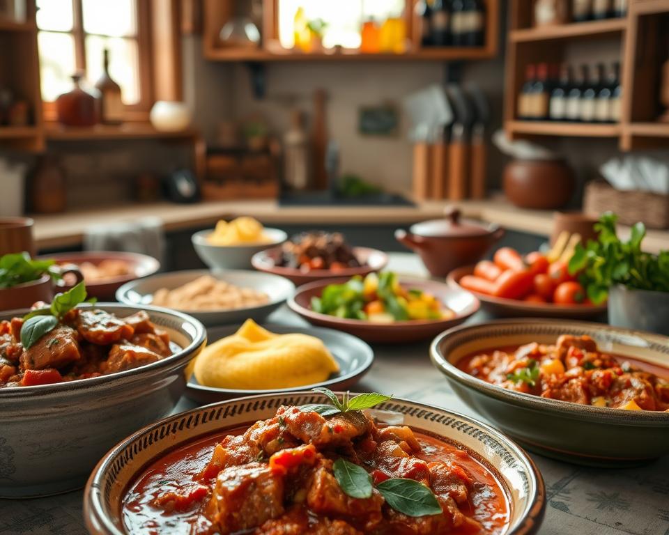 A beautifully styled Italian table showcasing a variety of regional ragout dishes, vividly presented in rustic ceramic bowls and plates. In the foreground, tender chunks of meat simmer in rich tomato and herb sauce, garnished with fresh basil. The middle layer features side dishes like polenta and handmade pasta, artfully arranged, accompanied by colorful seasonal vegetables. The background is a sunlit rustic kitchen adorned with traditional Italian decor: wooden shelves filled with spices, olive oil, and wine. Natural light filters through a window, creating a warm, inviting atmosphere. The focus is slightly blurred on the background to emphasize the details of the ragout dishes, evoking a sense of culinary tradition and history. A beautifully styled Italian table showcasing a variety of regional ragout dishes, vividly presented in rustic ceramic bowls and plates. In the foreground, tender chunks of meat simmer in rich tomato and herb sauce, garnished with fresh basil. The middle layer features side dishes like polenta and handmade pasta, artfully arranged, accompanied by colorful seasonal vegetables. The background is a sunlit rustic kitchen adorned with traditional Italian decor: wooden shelves filled with spices, olive oil, and wine. Natural light filters through a window, creating a warm, inviting atmosphere. The focus is slightly blurred on the background to emphasize the details of the ragout dishes, evoking a sense of culinary tradition and history.
