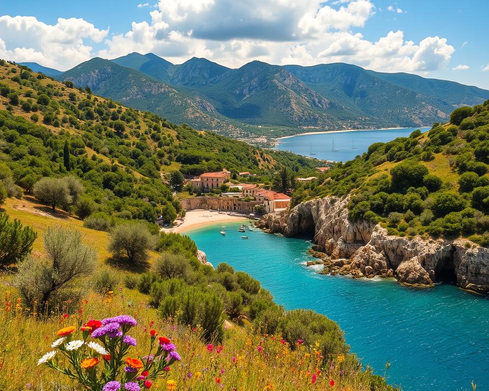 A breathtaking landscape of Gargano, Italy, showcasing the best travel season for a vacation. In the foreground, lush green hills interspersed with vibrant wildflowers and charming olive trees, bathed in soft, golden sunlight, indicating early summer. The middle ground features a picturesque coastal view with azure waters gently lapping against rocky cliffs, dotted with quaint fishing boats. In the background, the dramatic silhouette of the Gargano National Park’s rugged mountains under a bright blue sky with fluffy white clouds. The scene evokes a warm, inviting atmosphere, perfect for relaxation and adventure, captured from a slightly elevated angle to emphasize the stunning vista. The image should be brightly lit, with natural colors to highlight the beauty of Gargano in its prime travel season. A breathtaking landscape of Gargano, Italy, showcasing the best travel season for a vacation. In the foreground, lush green hills interspersed with vibrant wildflowers and charming olive trees, bathed in soft, golden sunlight, indicating early summer. The middle ground features a picturesque coastal view with azure waters gently lapping against rocky cliffs, dotted with quaint fishing boats. In the background, the dramatic silhouette of the Gargano National Park’s rugged mountains under a bright blue sky with fluffy white clouds. The scene evokes a warm, inviting atmosphere, perfect for relaxation and adventure, captured from a slightly elevated angle to emphasize the stunning vista. The image should be brightly lit, with natural colors to highlight the beauty of Gargano in its prime travel season.