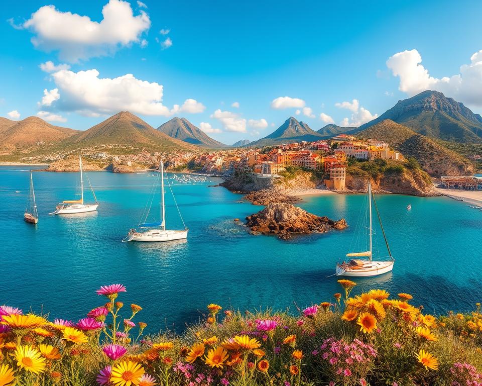 A breathtaking panoramic view of the Liparic Islands in the Mediterranean, showcasing a collection of volcanic landscapes and crystal-clear turquoise waters. In the foreground, vibrant wildflowers bloom on the rocky shores, while cheerful sailboats gently bob in the water. The middle ground features the unique architecture of charming seaside villages, with colorful buildings nestled against rugged cliffs. In the background, the majestic silhouettes of volcanic peaks rise into a clear blue sky with fluffy white clouds. The scene is bathed in warm golden sunlight, evoking a tranquil and inviting atmosphere. The angle should be slightly elevated to capture the stunning coastline and diverse island topography, creating a captivating image that emphasizes the natural beauty and allure of the Liparic Islands.