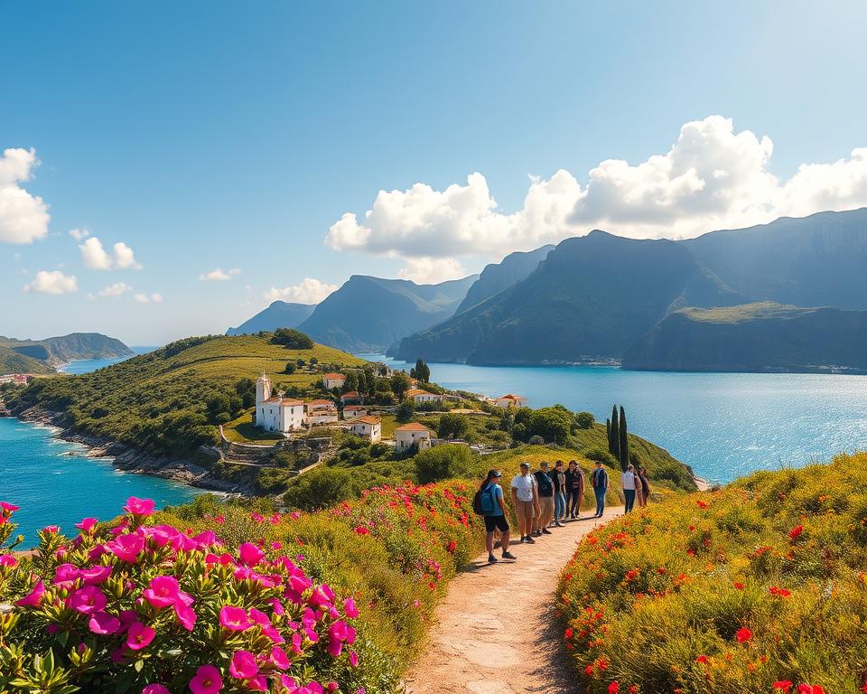 A breathtaking spring scene on the Lipari Islands, showcasing lush green hills dotted with vibrant wildflowers in full bloom. In the foreground, a charming coastal path lined with colorful bougainvillea leads towards the sparkling azure sea. Moving into the middle ground, small whitewashed houses with terracotta roofs are nestled among olive trees, while a group of travelers in modest casual clothing enjoy the scenery, creating a warm, inviting atmosphere. In the background, steep volcanic cliffs rise majestically, bathed in soft, golden sunlight, with fluffy white clouds scattered in a bright blue sky. The image captures the tranquility and beauty of spring on the islands, evoking a sense of wanderlust and serene escape. The scene is illuminated by gentle sunlight, enhancing the colors and details, with a slightly elevated angle providing a panoramic view.
