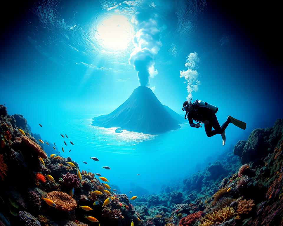 A breathtaking underwater scene showcasing Italy's stunning underwater volcanoes. In the foreground, a pair of professional divers in modest wetsuits are exploring the vibrant marine life, including colorful fish and unique coral formations. The middle ground reveals the dramatic silhouette of an underwater volcano, with smoky tendrils rising from its summit, illuminating the surrounding waters. In the background, soft rays of sunlight filter through the surface, creating a serene atmosphere. The color palette should be rich and vibrant, highlighting the deep blues of the ocean juxtaposed with the earthy tones of the volcanic rock. Capture the mood of wonder and exploration, with a focus on the dynamic interaction between the divers and the striking geological features. Utilize a wide-angle lens to enhance the depth and scale of the scene. A breathtaking underwater scene showcasing Italy's stunning underwater volcanoes. In the foreground, a pair of professional divers in modest wetsuits are exploring the vibrant marine life, including colorful fish and unique coral formations. The middle ground reveals the dramatic silhouette of an underwater volcano, with smoky tendrils rising from its summit, illuminating the surrounding waters. In the background, soft rays of sunlight filter through the surface, creating a serene atmosphere. The color palette should be rich and vibrant, highlighting the deep blues of the ocean juxtaposed with the earthy tones of the volcanic rock. Capture the mood of wonder and exploration, with a focus on the dynamic interaction between the divers and the striking geological features. Utilize a wide-angle lens to enhance the depth and scale of the scene.