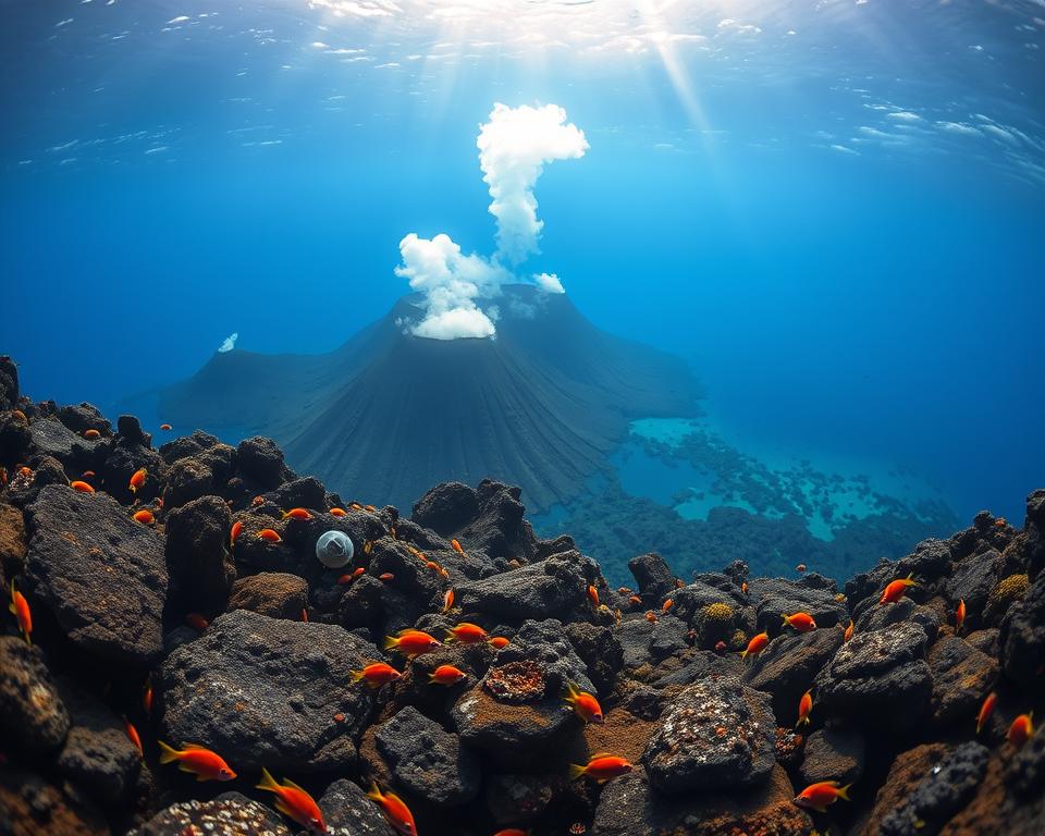 A breathtaking underwater scene showcasing the Tyrrhenian Sea's volcanic landscape. In the foreground, vibrant marine life swirls around rocky formations, illuminated by soft, natural light filtering from above. The middle ground reveals majestic underwater volcanoes, their formations rising dramatically from the ocean floor, with clouds of ash and volcanic rock creating a dynamic visual. The background features distant coral reefs and the gradient of the deep blue sea merging into lighter shades near the surface. The scene conveys a serene yet awe-inspiring atmosphere, highlighting the mysterious beauty of submerged volcanoes. The angle is slightly tilted upward, providing a captivating view that draws the viewer into this underwater wonderland. A breathtaking underwater scene showcasing the Tyrrhenian Sea's volcanic landscape. In the foreground, vibrant marine life swirls around rocky formations, illuminated by soft, natural light filtering from above. The middle ground reveals majestic underwater volcanoes, their formations rising dramatically from the ocean floor, with clouds of ash and volcanic rock creating a dynamic visual. The background features distant coral reefs and the gradient of the deep blue sea merging into lighter shades near the surface. The scene conveys a serene yet awe-inspiring atmosphere, highlighting the mysterious beauty of submerged volcanoes. The angle is slightly tilted upward, providing a captivating view that draws the viewer into this underwater wonderland.