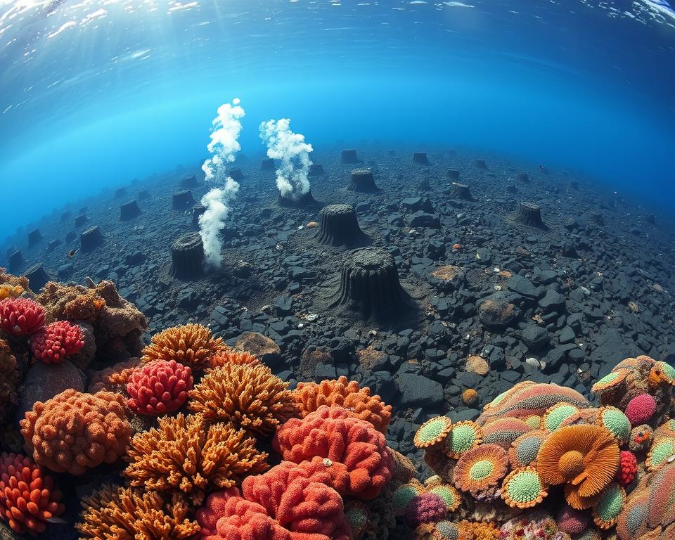 A breathtaking underwater volcanic landscape featuring distinct geological formations. In the foreground, intricate coral structures surround vibrant marine life, showcasing a rich diversity of colors and textures. The middle ground highlights striking volcanic vents, or "schlote," emitting wisps of steamy bubbles, surrounded by black rocky cones resembling miniature volcanoes. Lava flows and fields of hardened basalt extend into the background, contrasted against the ethereal blue of the deep ocean. The scene is illuminated with soft, dappled sunlight filtering through the water, creating a tranquil yet otherworldly atmosphere. Capture the essence of this unique ecosystem with a wide-angle lens to emphasize depth and detail, inviting viewers to explore the wonders beneath the waves. A breathtaking underwater volcanic landscape featuring distinct geological formations. In the foreground, intricate coral structures surround vibrant marine life, showcasing a rich diversity of colors and textures. The middle ground highlights striking volcanic vents, or "schlote," emitting wisps of steamy bubbles, surrounded by black rocky cones resembling miniature volcanoes. Lava flows and fields of hardened basalt extend into the background, contrasted against the ethereal blue of the deep ocean. The scene is illuminated with soft, dappled sunlight filtering through the water, creating a tranquil yet otherworldly atmosphere. Capture the essence of this unique ecosystem with a wide-angle lens to emphasize depth and detail, inviting viewers to explore the wonders beneath the waves.