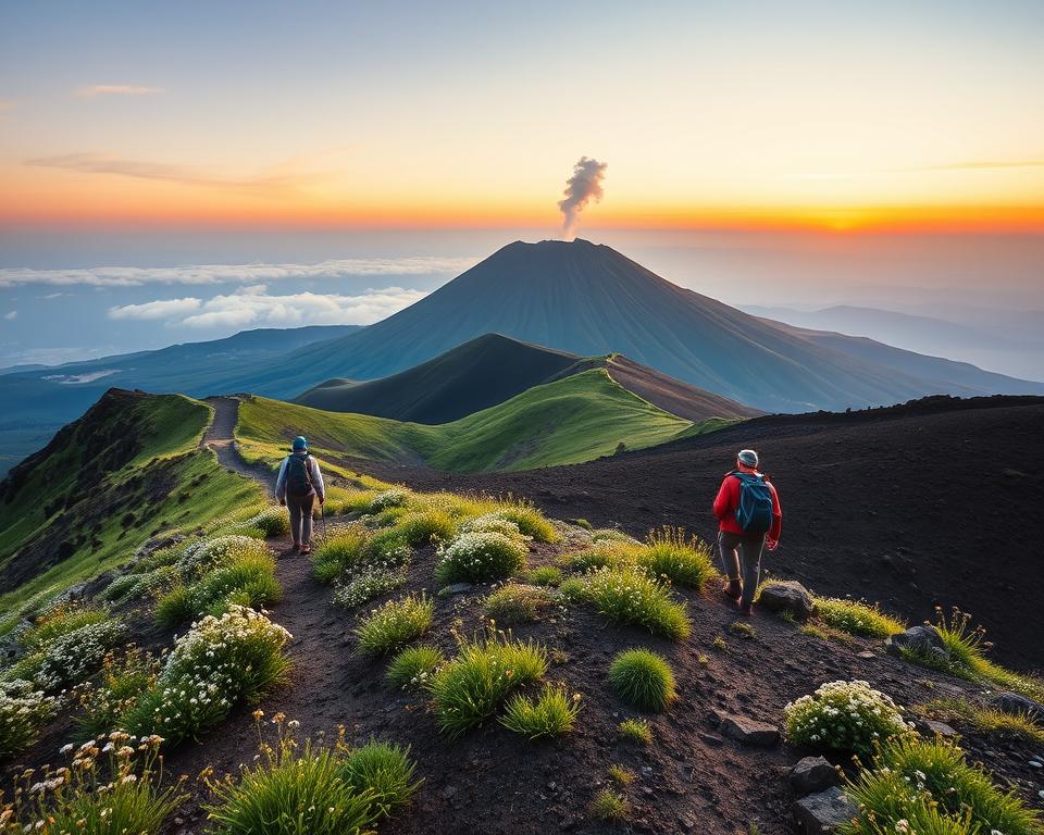 A breathtaking view of Mount Etna in Sicily, showcasing the majestic volcano in all its glory. In the foreground, a well-defined hiking trail winds through lush, green landscapes filled with wildflowers, guiding adventurous hikers dressed in modest hiking gear. The middle ground features rugged volcanic rocks and patches of dark soil, illustrating the unique terrain shaped by previous eruptions. In the background, the smoke gently rises from the volcano's summit, against a dramatic sunset sky painted in hues of orange and purple. Use soft, diffused lighting to create a serene yet adventurous atmosphere, capturing the essence of hiking responsibly in nature. The angle should emphasize the height and grandeur of Mt. Etna, encouraging a sense of exploration and safety. A breathtaking view of Mount Etna in Sicily, showcasing the majestic volcano in all its glory. In the foreground, a well-defined hiking trail winds through lush, green landscapes filled with wildflowers, guiding adventurous hikers dressed in modest hiking gear. The middle ground features rugged volcanic rocks and patches of dark soil, illustrating the unique terrain shaped by previous eruptions. In the background, the smoke gently rises from the volcano's summit, against a dramatic sunset sky painted in hues of orange and purple. Use soft, diffused lighting to create a serene yet adventurous atmosphere, capturing the essence of hiking responsibly in nature. The angle should emphasize the height and grandeur of Mt. Etna, encouraging a sense of exploration and safety.