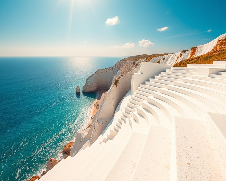 A breathtaking view of Scala dei Turchi, the striking white limestone cliff located near Agrigento in Sicily. In the foreground, smooth, white steps of the cliff cascade down to the turquoise Mediterranean Sea, inviting exploration. The middle ground captures gentle waves lapping at the shore, reflecting the sunlight. In the background, a clear blue sky stretches overhead, with a few fluffy clouds enhancing the serene atmosphere. The scene is illuminated by warm, golden sunlight, suggesting early morning or late afternoon. The angle showcases the unique geological formations and textures of the cliffs, emphasizing their grandeur. The mood is tranquil and awe-inspiring, perfectly capturing the natural beauty of this iconic location. A breathtaking view of Scala dei Turchi, the striking white limestone cliff located near Agrigento in Sicily. In the foreground, smooth, white steps of the cliff cascade down to the turquoise Mediterranean Sea, inviting exploration. The middle ground captures gentle waves lapping at the shore, reflecting the sunlight. In the background, a clear blue sky stretches overhead, with a few fluffy clouds enhancing the serene atmosphere. The scene is illuminated by warm, golden sunlight, suggesting early morning or late afternoon. The angle showcases the unique geological formations and textures of the cliffs, emphasizing their grandeur. The mood is tranquil and awe-inspiring, perfectly capturing the natural beauty of this iconic location.