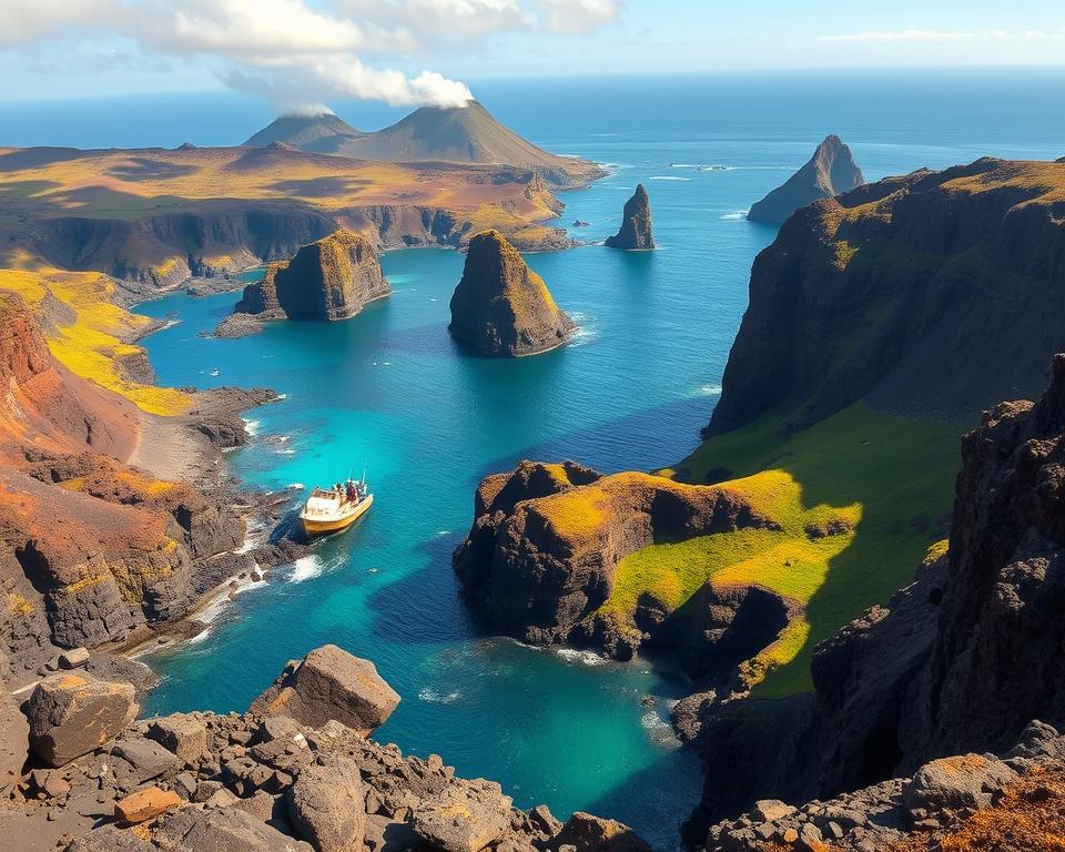 A breathtaking view of a rugged coastline featuring underwater volcanoes, with dramatic cliffs rising sharply from the azure sea. In the foreground, a small boat with researchers in modest casual clothing is docked near the rocky shoreline, looking out towards the volcanic formations offshore. The middle ground captures the smooth transition of the coastline into vibrant, lush greenery and precipitous cliffs, framed by gently rolling hills. In the background, the majestic silhouettes of several underwater volcanoes rise from the ocean, partially shrouded in mist, adding an air of mystery. The scene is illuminated by soft, golden sunlight, casting long shadows and creating a serene yet adventurous atmosphere. The lens captures a wide-angle perspective, enhancing the sense of scale and wonder of this unique geological landscape. A breathtaking view of a rugged coastline featuring underwater volcanoes, with dramatic cliffs rising sharply from the azure sea. In the foreground, a small boat with researchers in modest casual clothing is docked near the rocky shoreline, looking out towards the volcanic formations offshore. The middle ground captures the smooth transition of the coastline into vibrant, lush greenery and precipitous cliffs, framed by gently rolling hills. In the background, the majestic silhouettes of several underwater volcanoes rise from the ocean, partially shrouded in mist, adding an air of mystery. The scene is illuminated by soft, golden sunlight, casting long shadows and creating a serene yet adventurous atmosphere. The lens captures a wide-angle perspective, enhancing the sense of scale and wonder of this unique geological landscape.