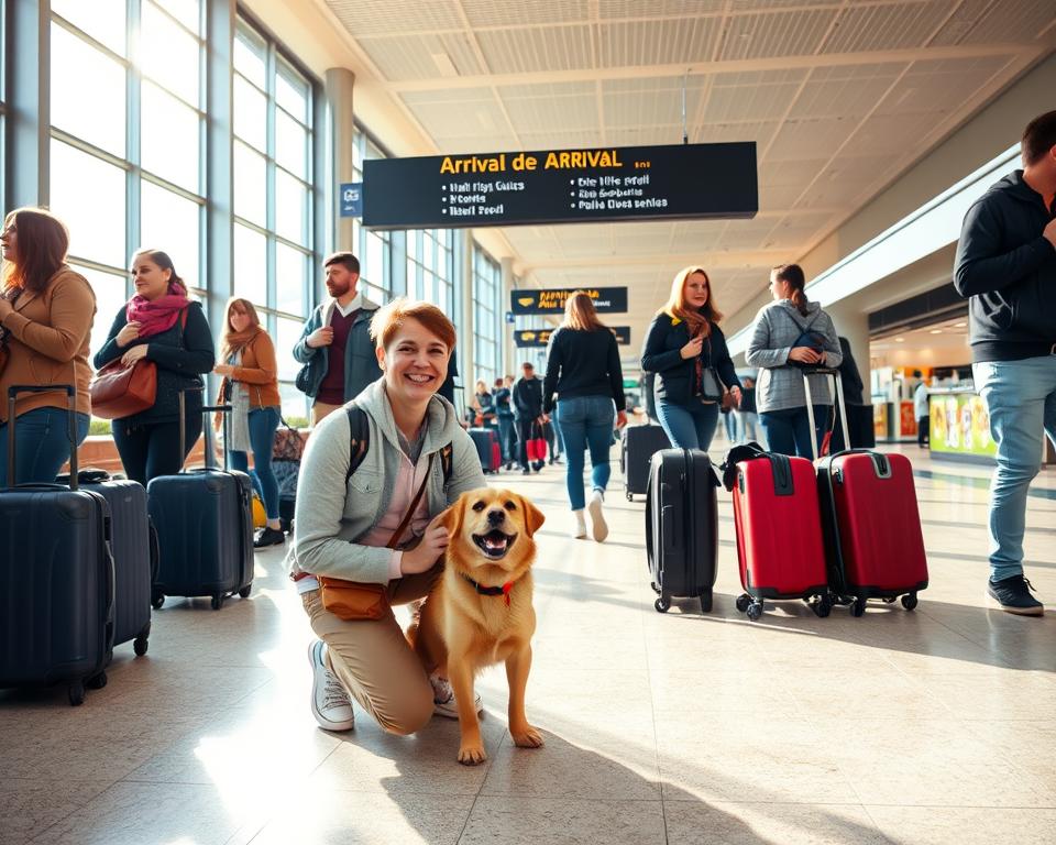 A bustling airport arrival hall in Italy, featuring a warm, welcoming atmosphere filled with bright, natural light streaming through large windows. In the foreground, a cheerful traveler in casual attire is kneeling to greet a small, excited dog, showcasing their joyful reunion. The middle section includes other travelers with luggage, some speaking with airport staff, creating a sense of movement. In the background, an authentic Italian airport sign can be seen, and a glimpse of a busy terminal with shops and cafes adds to the setting. The scene captures a moment of anticipation and joy, emphasizing the bond between the traveler and the dog. Use a slight wide-angle lens effect to capture the space and warmth of this arrival moment. A bustling airport arrival hall in Italy, featuring a warm, welcoming atmosphere filled with bright, natural light streaming through large windows. In the foreground, a cheerful traveler in casual attire is kneeling to greet a small, excited dog, showcasing their joyful reunion. The middle section includes other travelers with luggage, some speaking with airport staff, creating a sense of movement. In the background, an authentic Italian airport sign can be seen, and a glimpse of a busy terminal with shops and cafes adds to the setting. The scene captures a moment of anticipation and joy, emphasizing the bond between the traveler and the dog. Use a slight wide-angle lens effect to capture the space and warmth of this arrival moment.