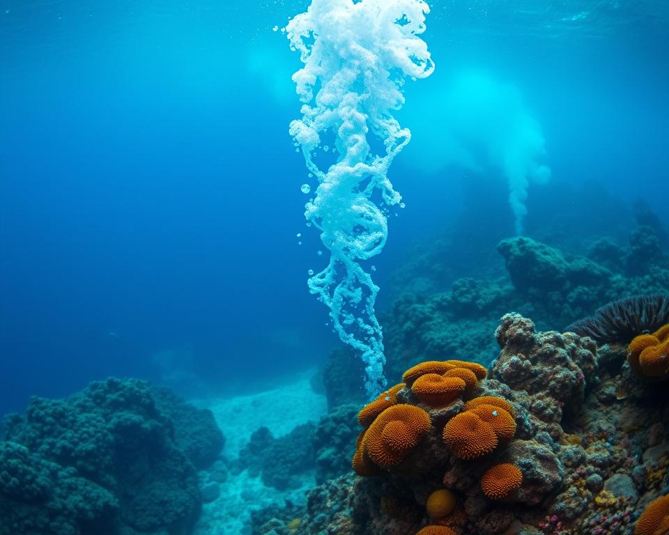 A captivating underwater scene showcasing gas bubbles rising from thermal vents near Italy's underwater volcanoes. In the foreground, crystal-clear blue water reveals clusters of vibrant marine life, delicately illuminated by the soft diffused light filtering from above. The middle layer features swirling bubbles, creating a dynamic movement as they ascend towards the surface, surrounded by rocky formations and colorful corals. In the background, the eerie glow from sulfur fields adds an otherworldly ambiance, contrasting with the natural beauty of the surroundings. The image captures a sense of discovery and wonder, evoking the mysterious allure of underwater geothermal activity in Italy. The overall mood is tranquil yet vibrant, inviting viewers to explore the hidden depths beneath the waves. A captivating underwater scene showcasing gas bubbles rising from thermal vents near Italy's underwater volcanoes. In the foreground, crystal-clear blue water reveals clusters of vibrant marine life, delicately illuminated by the soft diffused light filtering from above. The middle layer features swirling bubbles, creating a dynamic movement as they ascend towards the surface, surrounded by rocky formations and colorful corals. In the background, the eerie glow from sulfur fields adds an otherworldly ambiance, contrasting with the natural beauty of the surroundings. The image captures a sense of discovery and wonder, evoking the mysterious allure of underwater geothermal activity in Italy. The overall mood is tranquil yet vibrant, inviting viewers to explore the hidden depths beneath the waves.