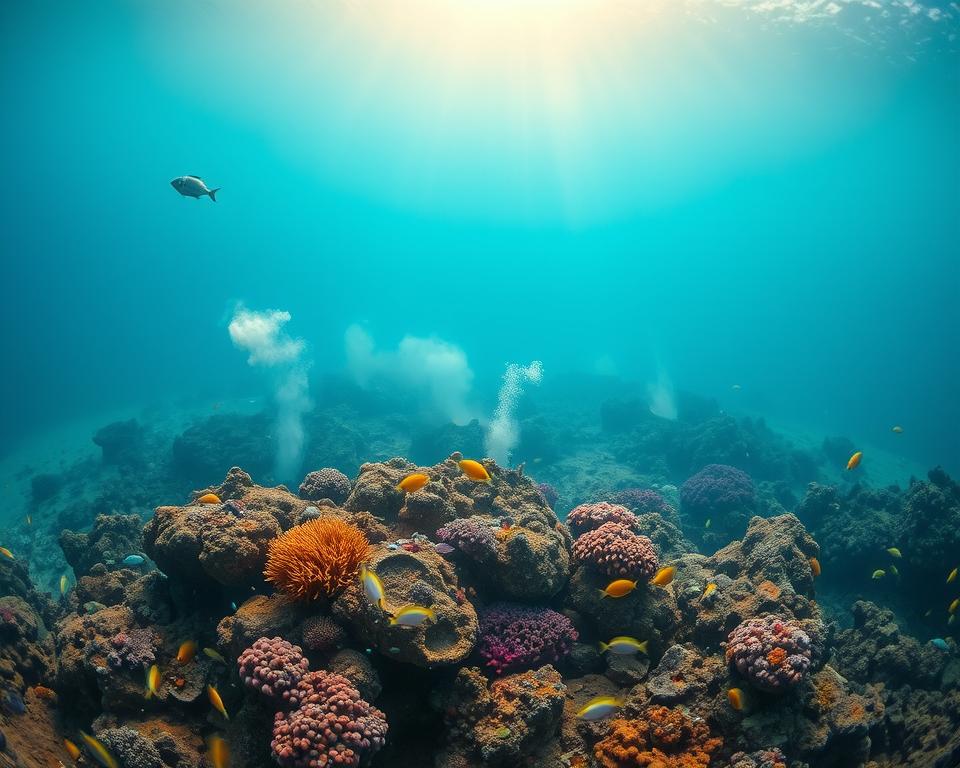 A captivating underwater scene showcasing the Phlegräische Felder, a submerged volcanic area off the coast of Italy. In the foreground, vibrant marine life dances around rocky formations, featuring colorful fish and intricate coral. The middle ground reveals the volcanic vents releasing bubbles, with faint thermal plumes creating a soft, glowing effect. In the background, the murky blue depths transition to lighter shades near the surface where sunlight filters through, casting ethereal rays. The atmosphere is serene yet mysterious, emphasizing the otherworldly beauty of these underwater volcanoes. The image should be captured at a slight angle, as if viewed by a diver exploring this hidden wonderland, with a focus on clarity and sharpness to highlight the details of the underwater ecosystem. A captivating underwater scene showcasing the Phlegräische Felder, a submerged volcanic area off the coast of Italy. In the foreground, vibrant marine life dances around rocky formations, featuring colorful fish and intricate coral. The middle ground reveals the volcanic vents releasing bubbles, with faint thermal plumes creating a soft, glowing effect. In the background, the murky blue depths transition to lighter shades near the surface where sunlight filters through, casting ethereal rays. The atmosphere is serene yet mysterious, emphasizing the otherworldly beauty of these underwater volcanoes. The image should be captured at a slight angle, as if viewed by a diver exploring this hidden wonderland, with a focus on clarity and sharpness to highlight the details of the underwater ecosystem.