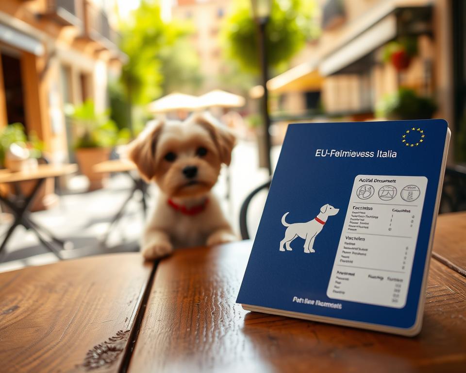 A close-up of an EU pet passport, titled "EU-Heimtierausweis Italia," prominently displayed on a wooden table. The passport is partially open, revealing a detailed page with illustrations of a dog and essential health documents, such as vaccination records and microchip details. Surrounding the passport, a cozy Italian cafe scene unfolds, with a blurred background of a sunny piazza and lush greenery, emphasizing a warm and inviting atmosphere. Soft, natural lighting filters through, highlighting the textures of the passport and the rustic table. The composition includes a small dog, sitting attentively beside the document, symbolizing the joy of traveling with pets in Italy. The image conveys a sense of adventure and responsibility. A close-up of an EU pet passport, titled "EU-Heimtierausweis Italia," prominently displayed on a wooden table. The passport is partially open, revealing a detailed page with illustrations of a dog and essential health documents, such as vaccination records and microchip details. Surrounding the passport, a cozy Italian cafe scene unfolds, with a blurred background of a sunny piazza and lush greenery, emphasizing a warm and inviting atmosphere. Soft, natural lighting filters through, highlighting the textures of the passport and the rustic table. The composition includes a small dog, sitting attentively beside the document, symbolizing the joy of traveling with pets in Italy. The image conveys a sense of adventure and responsibility.