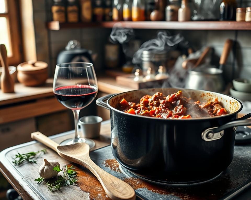 A close-up scene of a rustic kitchen setting, featuring a pot of simmering Italian ragout on a wooden stove. The foreground highlights a ladle stirring the sauce, rich with chunks of meat and vibrant vegetables. In the middle, a glass of red wine is being poured into the pot, with steam rising and creating a warm, inviting atmosphere. A wooden spoon rests nearby, alongside fresh herbs and garlic scattered around for added detail. The background shows shelves filled with spices and culinary tools, softly illuminated by natural light coming through a window, casting gentle shadows. The overall mood is cozy and authentic, evoking classic Italian cooking traditions. A close-up scene of a rustic kitchen setting, featuring a pot of simmering Italian ragout on a wooden stove. The foreground highlights a ladle stirring the sauce, rich with chunks of meat and vibrant vegetables. In the middle, a glass of red wine is being poured into the pot, with steam rising and creating a warm, inviting atmosphere. A wooden spoon rests nearby, alongside fresh herbs and garlic scattered around for added detail. The background shows shelves filled with spices and culinary tools, softly illuminated by natural light coming through a window, casting gentle shadows. The overall mood is cozy and authentic, evoking classic Italian cooking traditions.