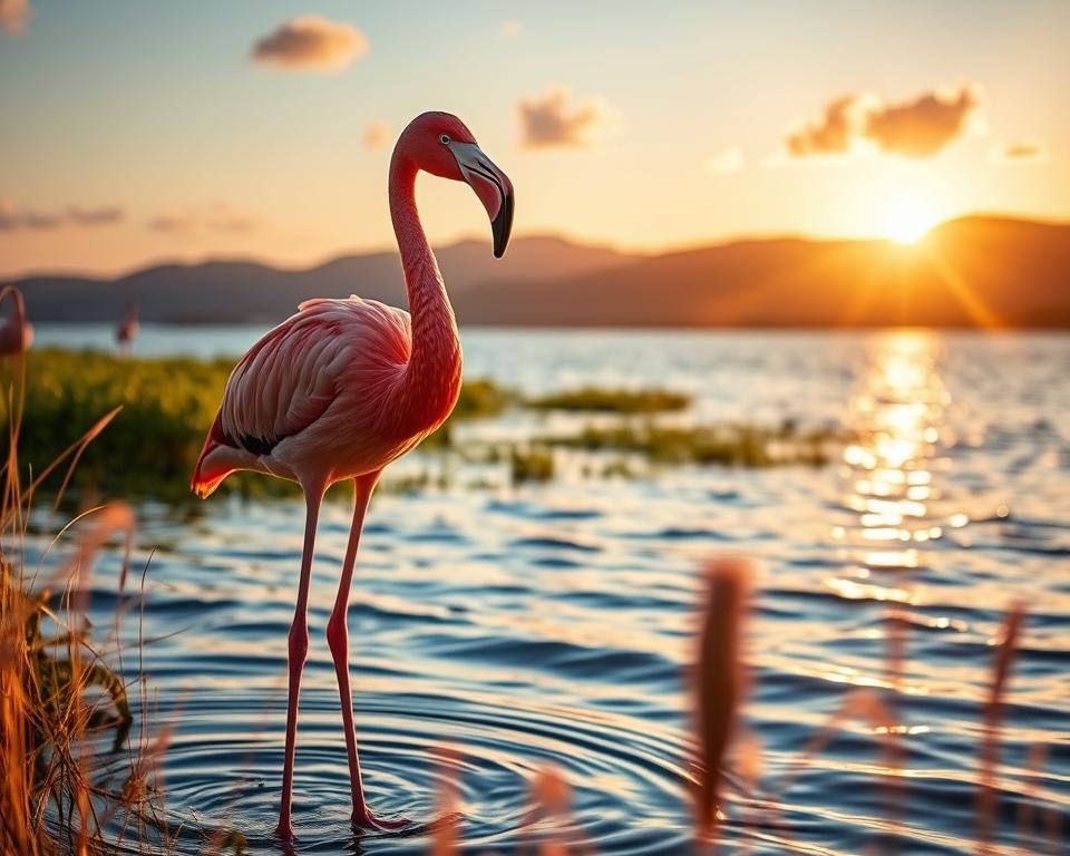 A close-up shot of a vibrant pink flamingo standing gracefully by the shimmering waters of Sardinia at golden hour. In the foreground, the flamingo is elegantly posed, showcasing its long neck and striking plumage, while soft ripples reflect warm orange and gold hues. The middle layer features a hint of lush green wetlands and delicate reeds framing the scene. In the background, a picturesque sunset casts a serene glow over distant hills, with scattered clouds lighted by the setting sun. The mood is tranquil and idyllic, made even more captivating by the gentle play of light. Use a shallow depth of field to keep the flamingo in sharp focus, creating a dreamy effect that enhances the beauty of the moment.