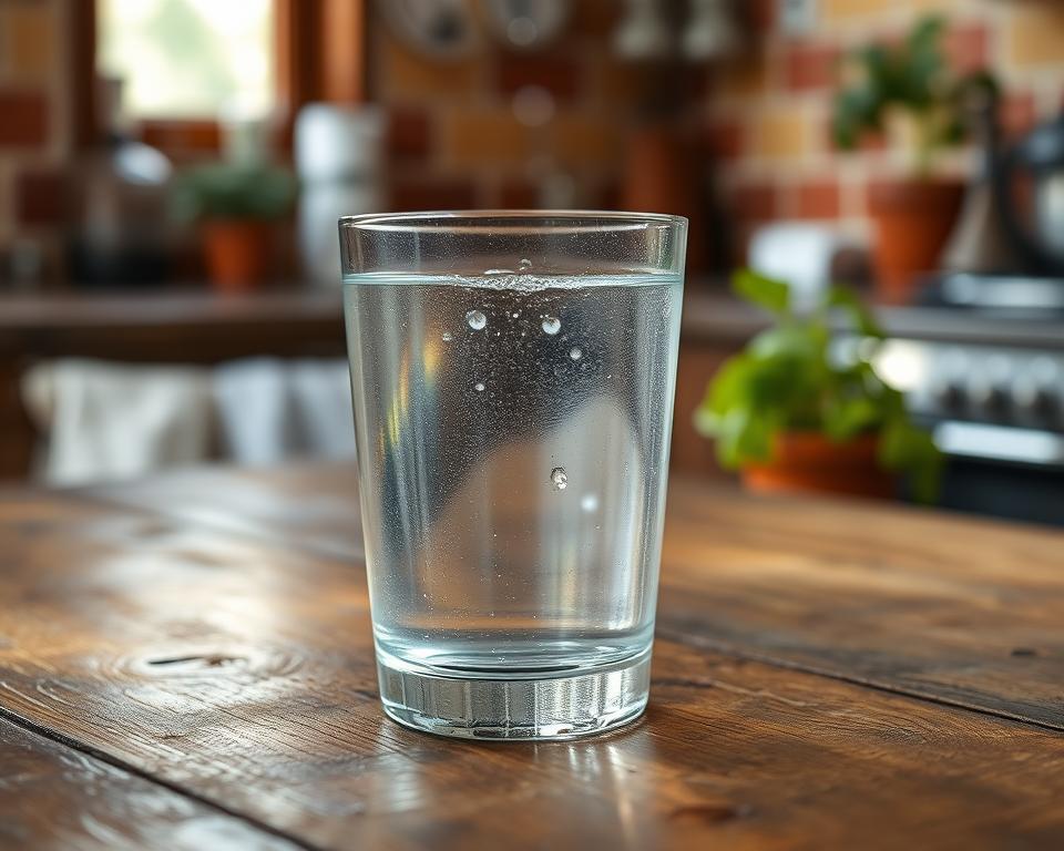 A close-up view of a clear glass of water sitting on a rustic wooden table, with subtle bubbles indicating freshness. The water reflects a soft, diffused light, evoking an inviting yet cautious atmosphere. The scene captures a hint of a chlorine aroma, depicted by faint wisps of steam rising gently from the surface, creating a delicate haze. In the background, a faint outline of an Italian kitchen can be seen, with terracotta tiles and herbs in pots, suggesting an everyday setting. Shot from a slightly elevated angle to emphasize the clarity of the water, the overall mood is serene but thought-provoking, encouraging contemplation about water safety and quality. A close-up view of a clear glass of water sitting on a rustic wooden table, with subtle bubbles indicating freshness. The water reflects a soft, diffused light, evoking an inviting yet cautious atmosphere. The scene captures a hint of a chlorine aroma, depicted by faint wisps of steam rising gently from the surface, creating a delicate haze. In the background, a faint outline of an Italian kitchen can be seen, with terracotta tiles and herbs in pots, suggesting an everyday setting. Shot from a slightly elevated angle to emphasize the clarity of the water, the overall mood is serene but thought-provoking, encouraging contemplation about water safety and quality.