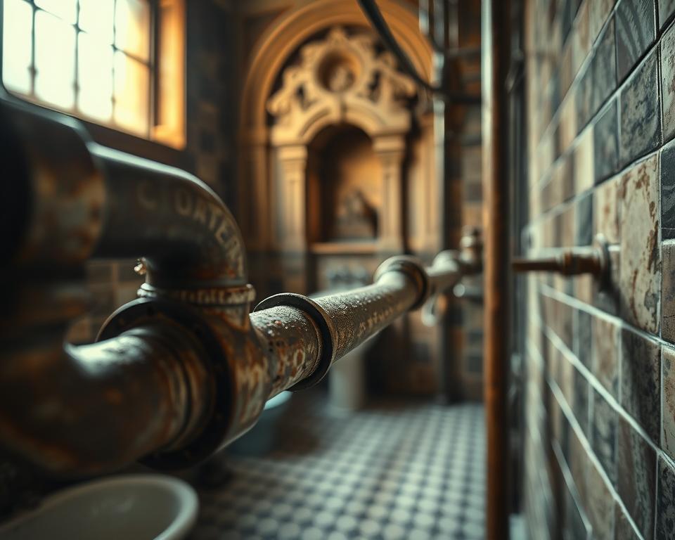A close-up view of aged, intricate pipes in a historic building, showcasing the wear and tear of time. In the foreground, focus on corroded pipes with signs of mineral buildup and discoloration, highlighting potential issues related to drinking water. The middle ground features a vintage bathroom setting with classic tiles and dim lighting, creating a moody, somewhat foreboding atmosphere. In the background, softly blurred ancient architecture hints at the building's age and history. Use warm, natural lighting to evoke a sense of nostalgia, while the angle is slightly tilted to emphasize the pipes' condition. The overall mood should spark curiosity and concern about the safety of drinking water from old pipes in Italy, without any people present in the scene. A close-up view of aged, intricate pipes in a historic building, showcasing the wear and tear of time. In the foreground, focus on corroded pipes with signs of mineral buildup and discoloration, highlighting potential issues related to drinking water. The middle ground features a vintage bathroom setting with classic tiles and dim lighting, creating a moody, somewhat foreboding atmosphere. In the background, softly blurred ancient architecture hints at the building's age and history. Use warm, natural lighting to evoke a sense of nostalgia, while the angle is slightly tilted to emphasize the pipes' condition. The overall mood should spark curiosity and concern about the safety of drinking water from old pipes in Italy, without any people present in the scene.