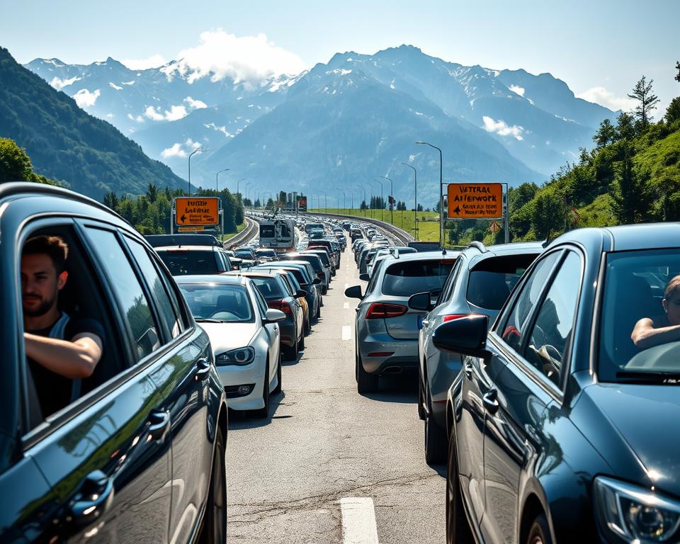 A congested highway scene at the Brenner Pass, showcasing long lines of vehicles at a standstill with frustrated drivers visible inside their cars, all dressed in casual vacation attire. In the foreground, include detailed textures of the asphalt and reflectors, while capturing the glimmers of sunlight hitting the vehicles. The middle ground features the towering Alpine mountains in the distance, partially shrouded in mist, enhancing the dramatic contrast between nature and the chaos of holiday traffic. In the background, outline construction signs indicating roadwork and alternate routes, nestled among lush greenery. Use a wide-angle lens to create depth, capturing both the overwhelming human element and the serene yet imposing landscape, evoking a mood of stress and anticipation. The lighting should be bright yet soft, reflecting a clear summer day.
