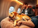 A cozy airplane cabin scene featuring a relaxed dog laying comfortably on a soft blanket beside its owner. The foreground shows the dog, a medium-sized Labrador, with a cheerful expression and a shiny coat, resting on a plush dog bed. In the middle, the owner, dressed in smart casual clothing, gently pets the dog while looking out the window at the clouds. The cabin is warmly lit with soft overhead lights, creating an inviting atmosphere. The background reveals the airplane’s interior with plush seats and some travel bags neatly stored in the overhead compartments. The overall mood is calm and comforting, highlighting the joy of traveling with a furry companion in the cabin.