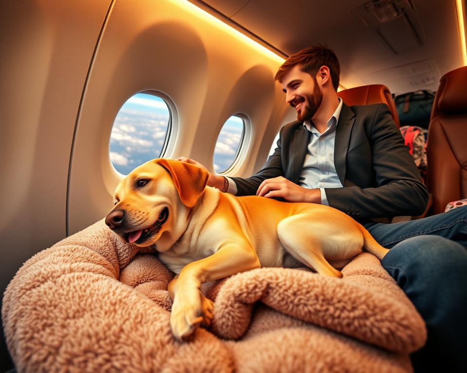 A cozy airplane cabin scene featuring a relaxed dog laying comfortably on a soft blanket beside its owner. The foreground shows the dog, a medium-sized Labrador, with a cheerful expression and a shiny coat, resting on a plush dog bed. In the middle, the owner, dressed in smart casual clothing, gently pets the dog while looking out the window at the clouds. The cabin is warmly lit with soft overhead lights, creating an inviting atmosphere. The background reveals the airplane’s interior with plush seats and some travel bags neatly stored in the overhead compartments. The overall mood is calm and comforting, highlighting the joy of traveling with a furry companion in the cabin. A cozy airplane cabin scene featuring a relaxed dog laying comfortably on a soft blanket beside its owner. The foreground shows the dog, a medium-sized Labrador, with a cheerful expression and a shiny coat, resting on a plush dog bed. In the middle, the owner, dressed in smart casual clothing, gently pets the dog while looking out the window at the clouds. The cabin is warmly lit with soft overhead lights, creating an inviting atmosphere. The background reveals the airplane’s interior with plush seats and some travel bags neatly stored in the overhead compartments. The overall mood is calm and comforting, highlighting the joy of traveling with a furry companion in the cabin.