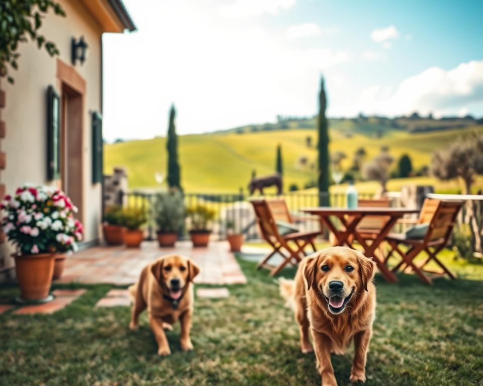 A cozy, dog-friendly accommodation in Italy, set in a scenic landscape. In the foreground, a happy golden retriever plays on the grass outside a charming villa with terracotta tiles and blooming flowers. The middle section showcases the villa's welcoming terrace, adorned with a rustic wooden table and chairs, perfect for enjoying meals outdoors. In the background, lush green hills roll under a bright blue sky, dotted with olive trees and cypress. Soft, warm lighting bathes the scene, evoking a relaxed and inviting atmosphere. Capture the essence of a joyful vacation with pets, highlighting areas where dogs are welcome, like nearby sandy beaches. Use a soft focus lens to create a serene and peaceful mood, encouraging pet owners to dream of their ideal getaway. A cozy, dog-friendly accommodation in Italy, set in a scenic landscape. In the foreground, a happy golden retriever plays on the grass outside a charming villa with terracotta tiles and blooming flowers. The middle section showcases the villa's welcoming terrace, adorned with a rustic wooden table and chairs, perfect for enjoying meals outdoors. In the background, lush green hills roll under a bright blue sky, dotted with olive trees and cypress. Soft, warm lighting bathes the scene, evoking a relaxed and inviting atmosphere. Capture the essence of a joyful vacation with pets, highlighting areas where dogs are welcome, like nearby sandy beaches. Use a soft focus lens to create a serene and peaceful mood, encouraging pet owners to dream of their ideal getaway.