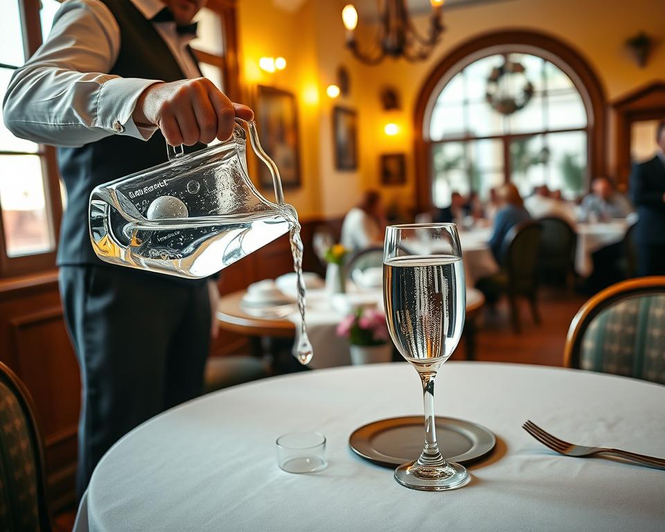 A cozy hotel restaurant setting in Italy, showcasing a beautifully set table with a glass of clear tap water, illuminated by soft natural lighting filtering through large windows. In the foreground, a stylishly dressed waiter pours gleaming tap water from a vintage glass jug into an elegant glass. The middle ground features a quaint wooden table adorned with a delicate tablecloth and a small vase of fresh flowers, invitingly set for guests. In the background, a warm and inviting ambiance with rustic Italian decor, featuring terracotta tiles and soft yellow walls, hints at a bustling dinner scene filled with patrons enjoying their meal. The mood is relaxed and welcoming, accentuating Italian hospitality and the charm of drinking tap water in such an environment. A cozy hotel restaurant setting in Italy, showcasing a beautifully set table with a glass of clear tap water, illuminated by soft natural lighting filtering through large windows. In the foreground, a stylishly dressed waiter pours gleaming tap water from a vintage glass jug into an elegant glass. The middle ground features a quaint wooden table adorned with a delicate tablecloth and a small vase of fresh flowers, invitingly set for guests. In the background, a warm and inviting ambiance with rustic Italian decor, featuring terracotta tiles and soft yellow walls, hints at a bustling dinner scene filled with patrons enjoying their meal. The mood is relaxed and welcoming, accentuating Italian hospitality and the charm of drinking tap water in such an environment.